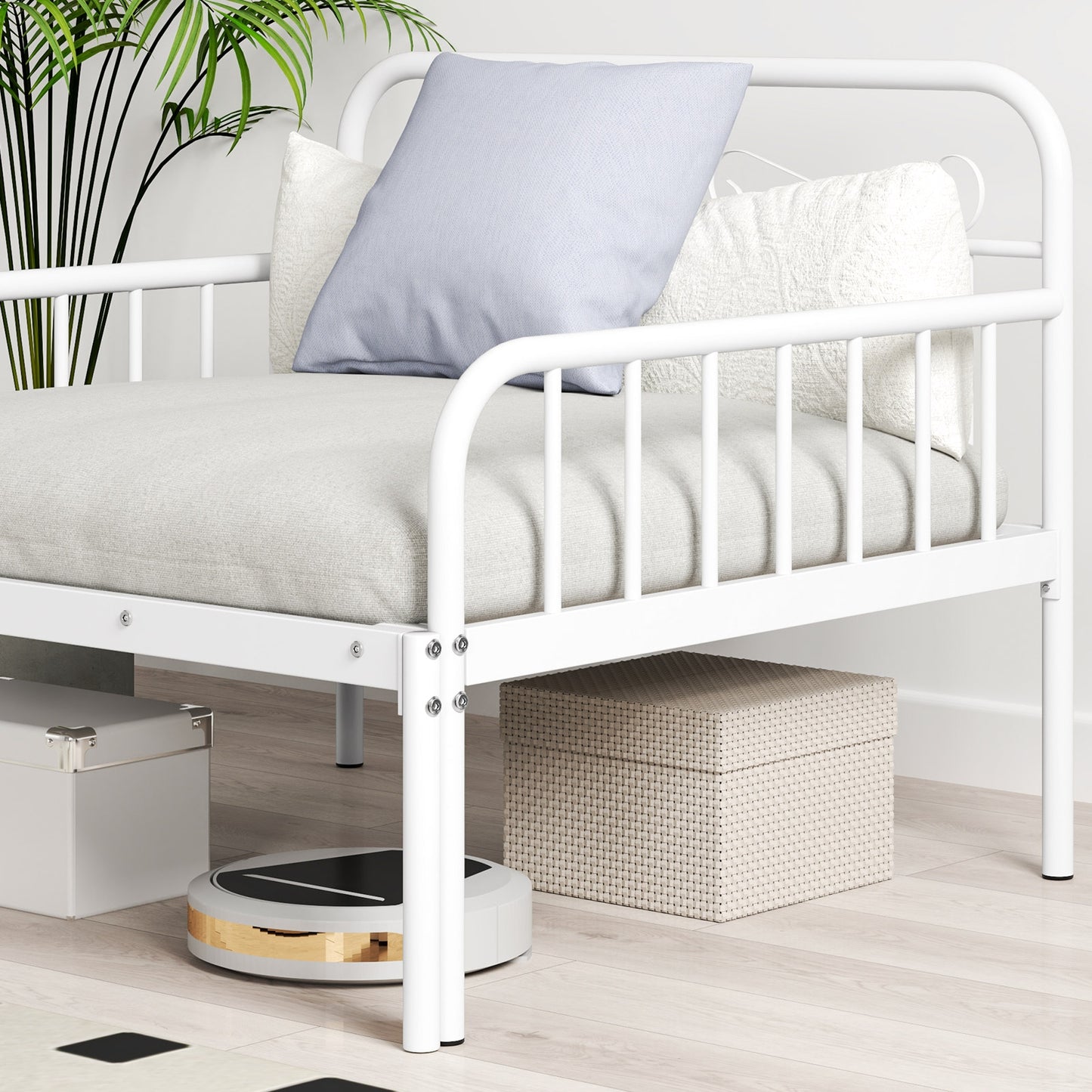 Convertible Metal Daybed with Guardrails and Armrests, Twin Size Bed – White