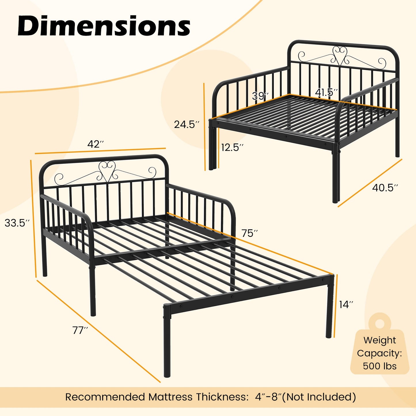 Convertible Metal Daybed with Guardrails and Armrests, Twin Size Bed – Black