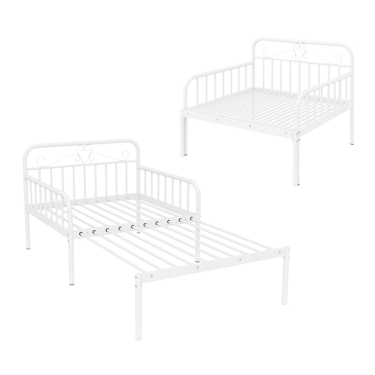 Convertible Metal Daybed with Guardrails and Armrests, Twin Size Bed – White