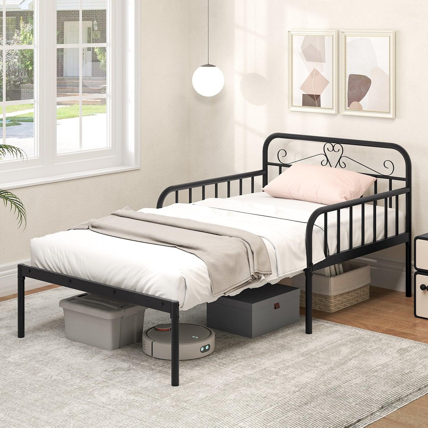 Convertible Metal Daybed with Guardrails and Armrests, Twin Size Bed – Black