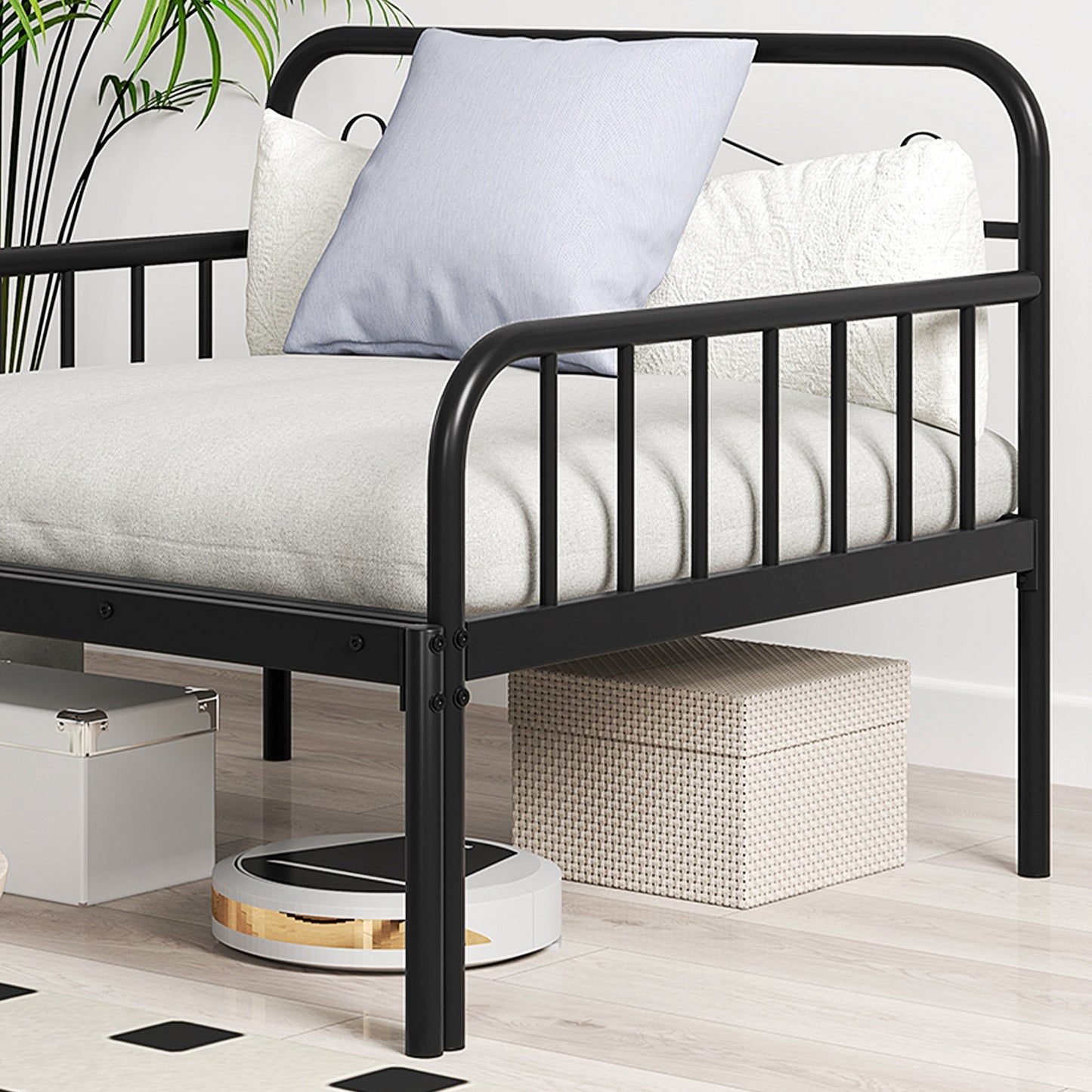 Convertible Metal Daybed with Guardrails and Armrests, Twin Size Bed – Black