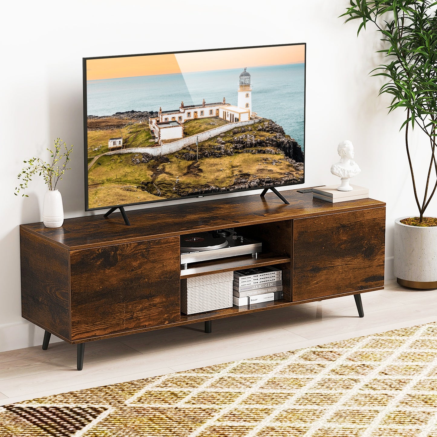 53.5 Inch TV Stand with Built-in Power Outlets Adjustable Shelf and Storage for 60 Inch TVs - Rustic Brown