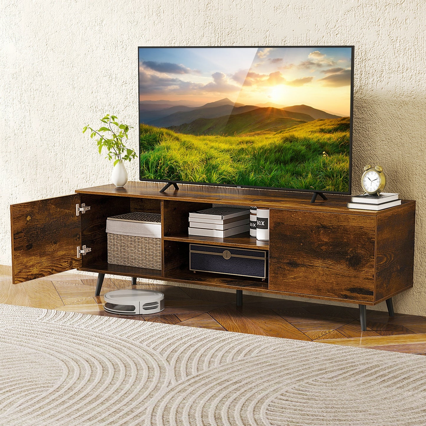53.5 Inch TV Stand with Built-in Power Outlets Adjustable Shelf and Storage for 60 Inch TVs - Rustic Brown