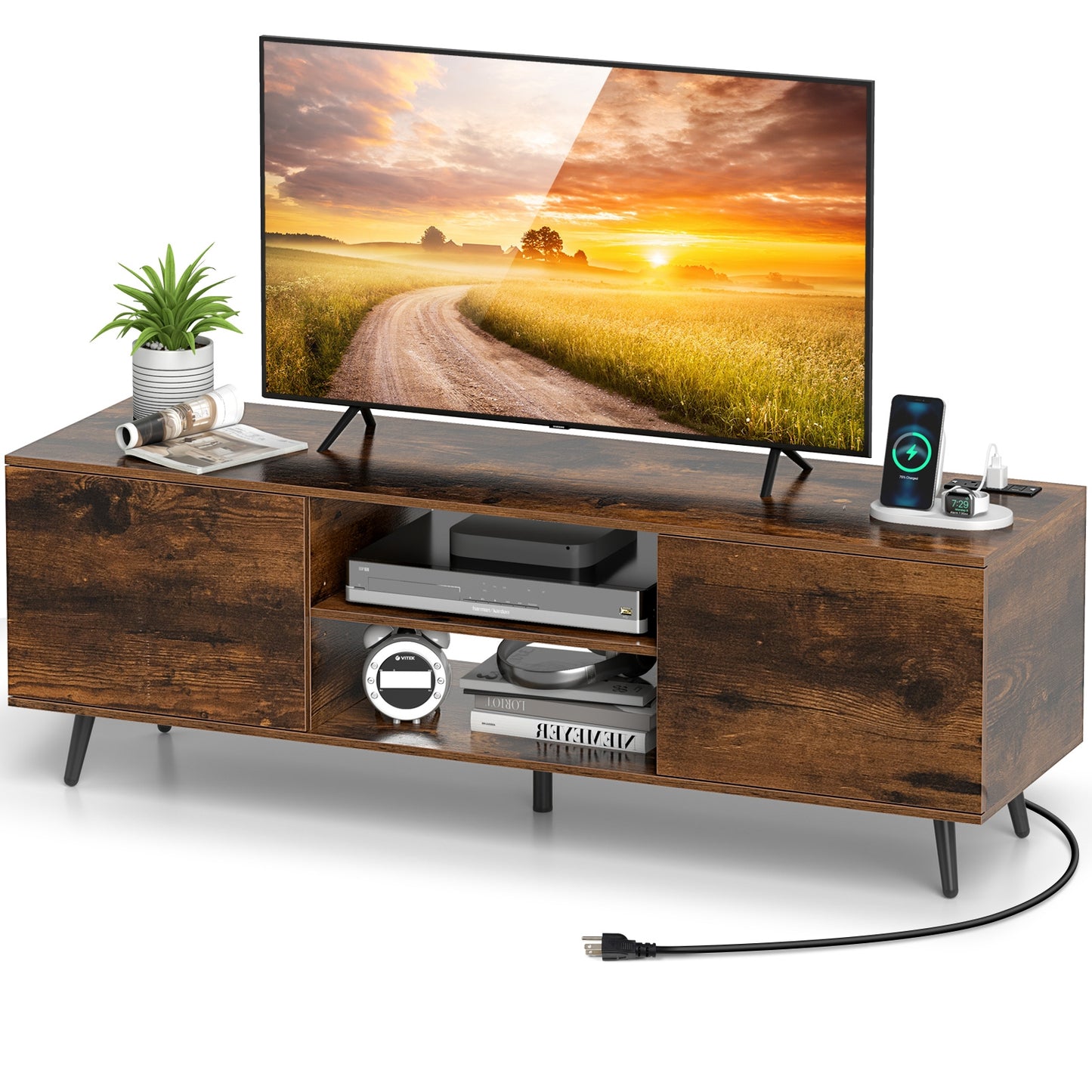 53.5 Inch TV Stand with Built-in Power Outlets Adjustable Shelf and Storage for 60 Inch TVs - Rustic Brown