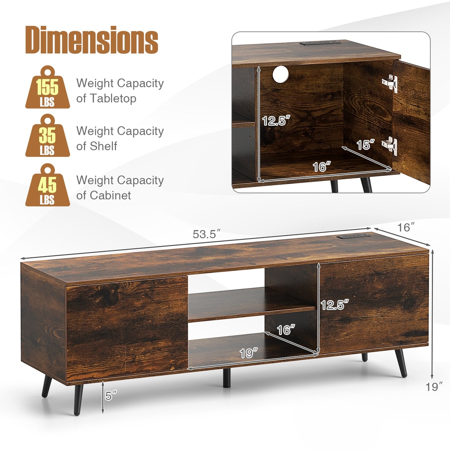 53.5 Inch TV Stand with Built-in Power Outlets Adjustable Shelf and Storage for 60 Inch TVs - Rustic Brown