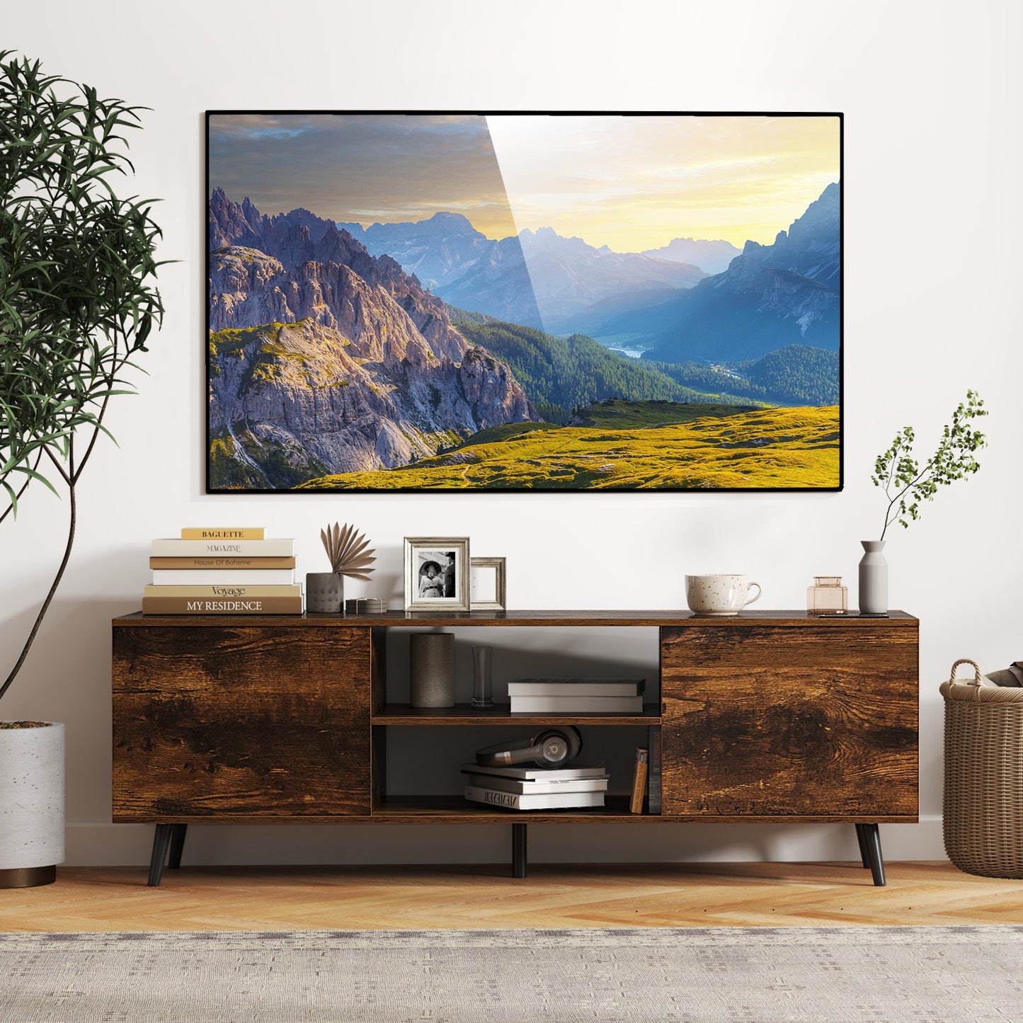 53.5 Inch TV Stand with Built-in Power Outlets Adjustable Shelf and Storage for 60 Inch TVs - Rustic Brown