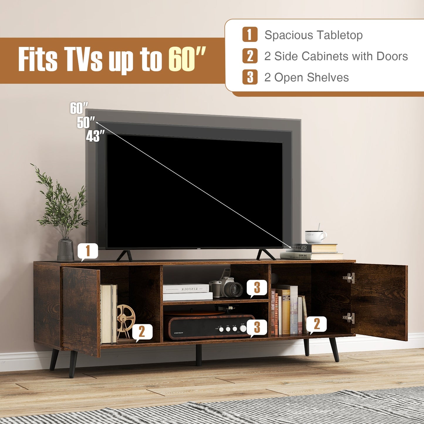 53.5 Inch TV Stand with Built-in Power Outlets Adjustable Shelf and Storage for 60 Inch TVs - Rustic Brown