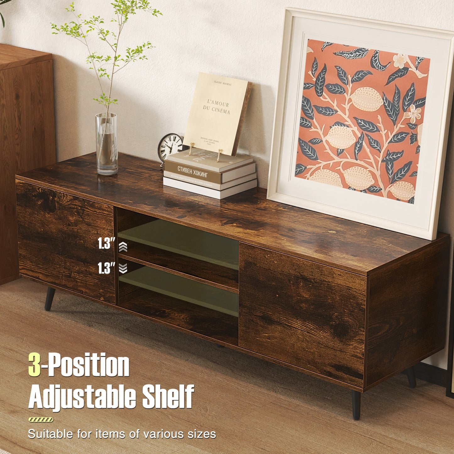 53.5 Inch TV Stand with Built-in Power Outlets Adjustable Shelf and Storage for 60 Inch TVs - Rustic Brown