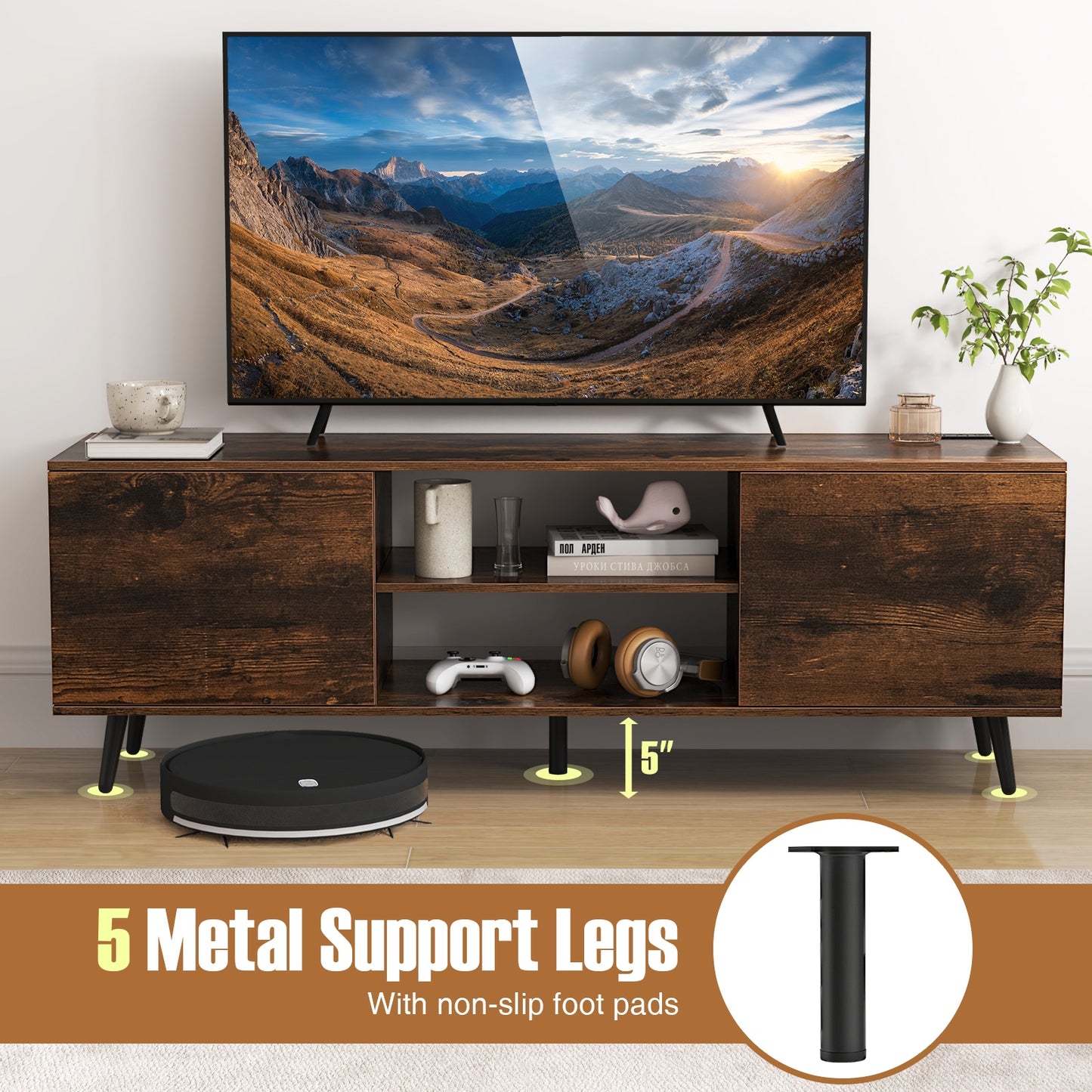 53.5 Inch TV Stand with Built-in Power Outlets Adjustable Shelf and Storage for 60 Inch TVs - Rustic Brown