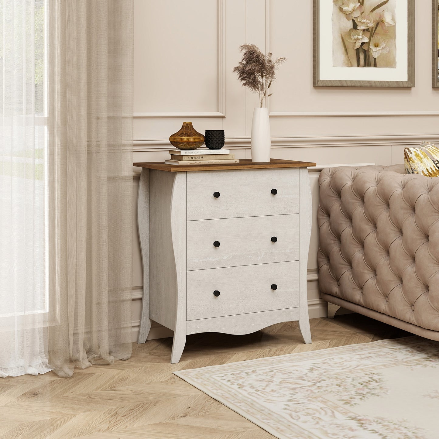 Wood Top Dresser with 3 Folding Fabric Drawers and Anti-Tip Safety Features – Grey