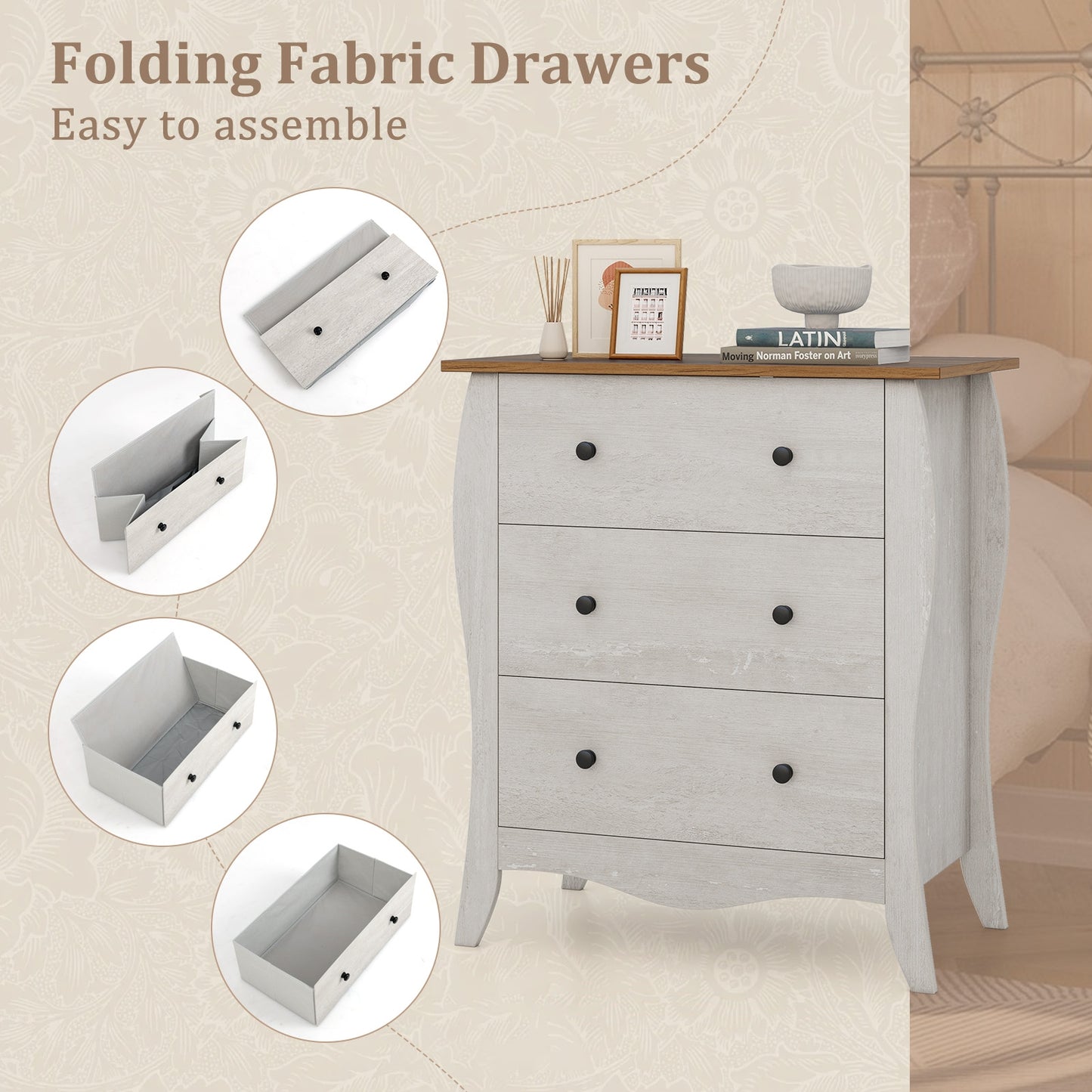 Wood Top Dresser with 3 Folding Fabric Drawers and Anti-Tip Safety Features – Grey
