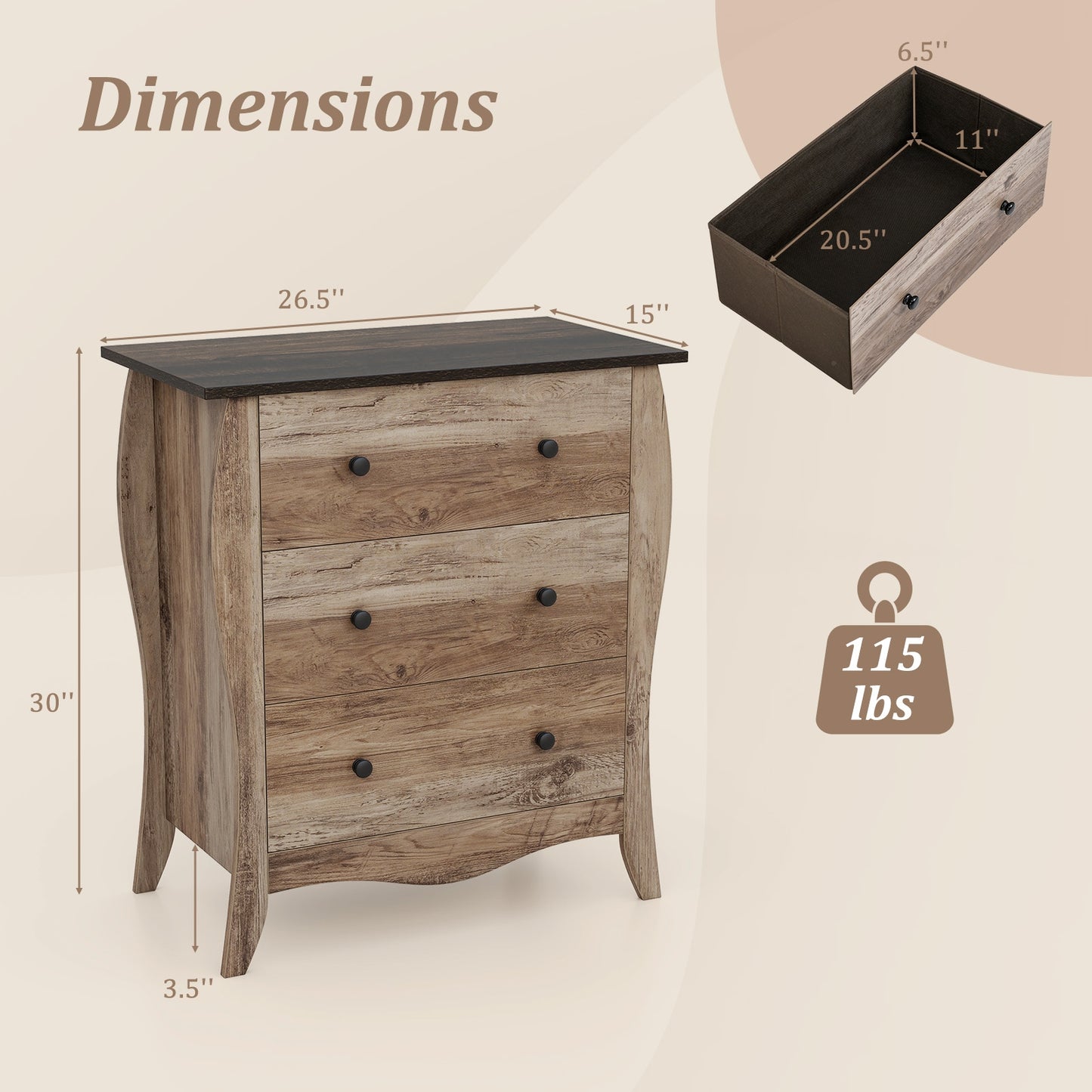Wood Top Dresser with 3 Folding Fabric Drawers and Anti-Tip Safety Features – Brown