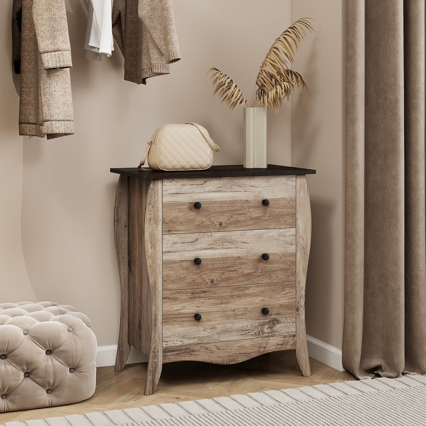 Wood Top Dresser with 3 Folding Fabric Drawers and Anti-Tip Safety Features – Brown