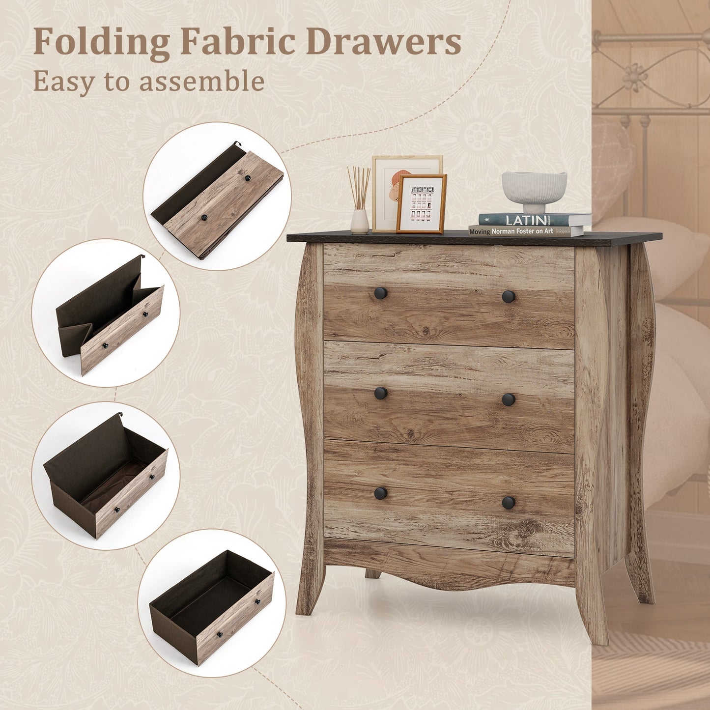 Wood Top Dresser with 3 Folding Fabric Drawers and Anti-Tip Safety Features – Brown