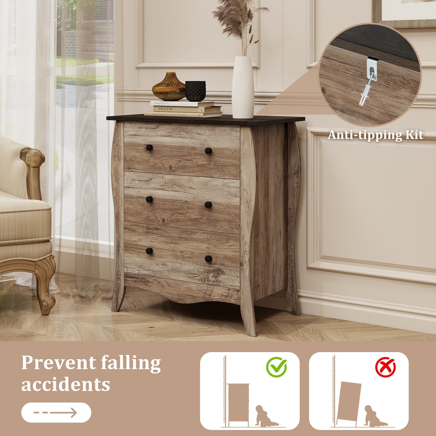 Wood Top Dresser with 3 Folding Fabric Drawers and Anti-Tip Safety Features – Brown