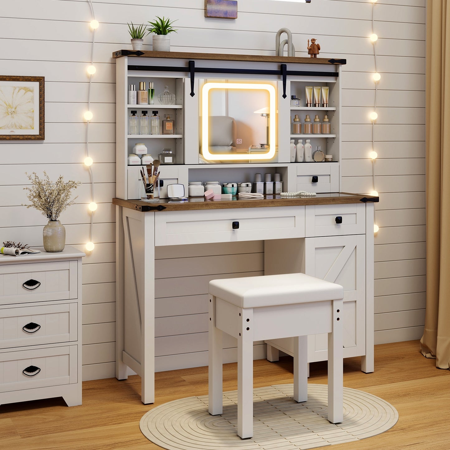 Farmhouse Makeup Vanity with Sliding LED Mirror, Adjustable Lighting and Storage Drawers