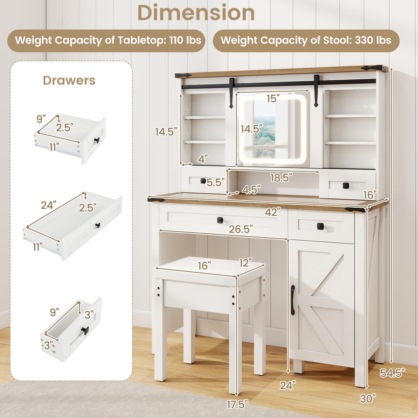 Farmhouse Makeup Vanity with Sliding LED Mirror, Adjustable Lighting and Storage Drawers