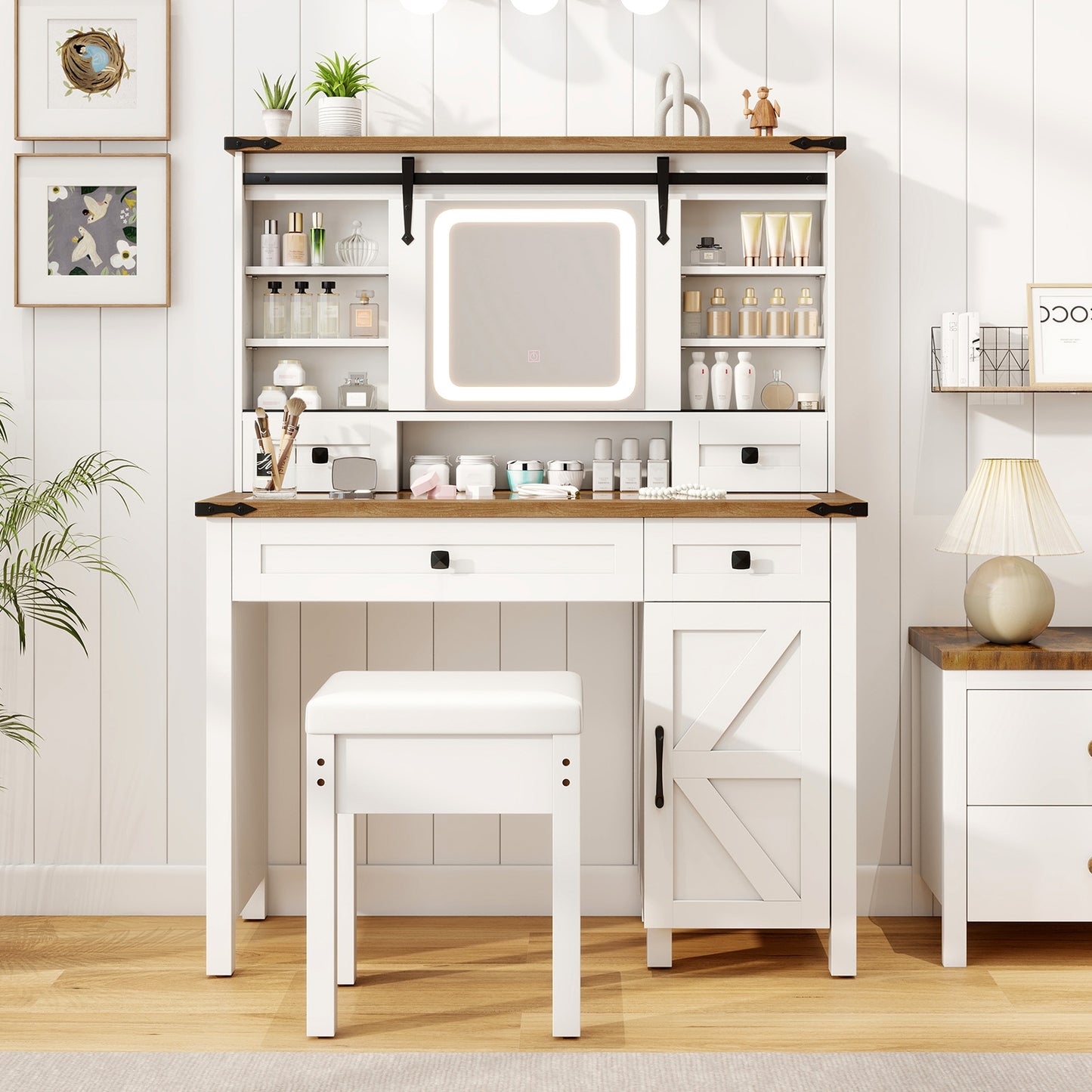 Farmhouse Makeup Vanity with Sliding LED Mirror, Adjustable Lighting and Storage Drawers
