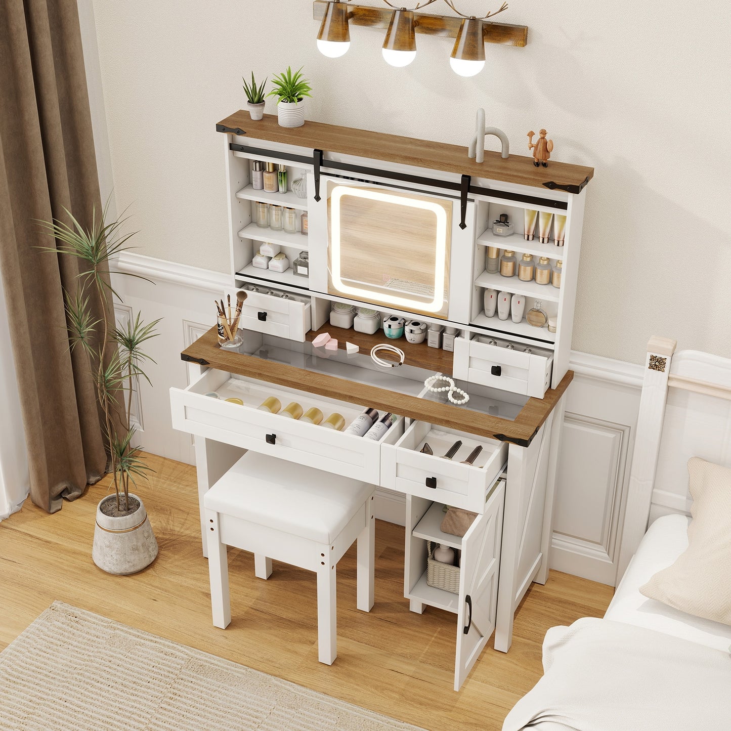 Farmhouse Makeup Vanity with Sliding LED Mirror, Adjustable Lighting and Storage Drawers