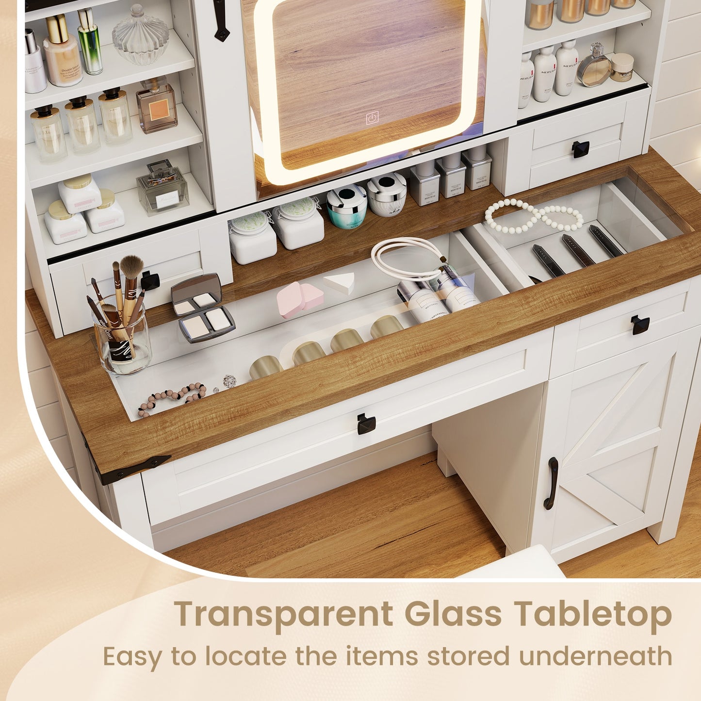 Farmhouse Makeup Vanity with Sliding LED Mirror, Adjustable Lighting and Storage Drawers