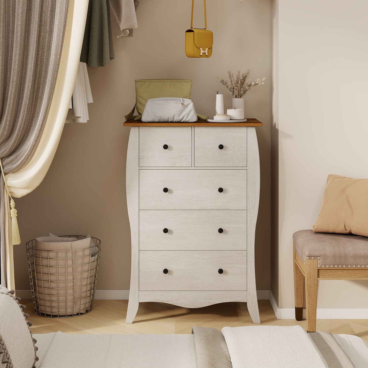 Wood Top Dresser with 5 Folding Fabric Drawers and Anti-Tip Safety Features – Grey