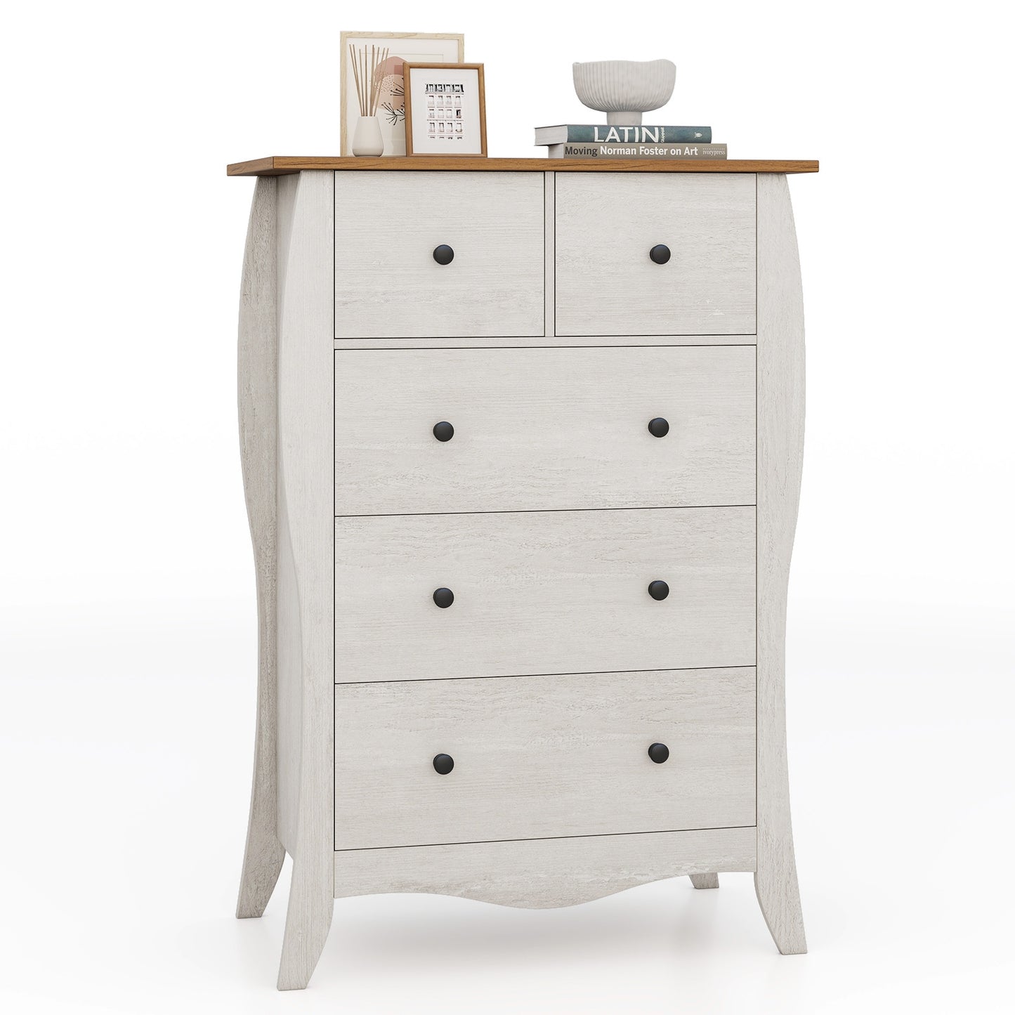 Wood Top Dresser with 5 Folding Fabric Drawers and Anti-Tip Safety Features – Grey