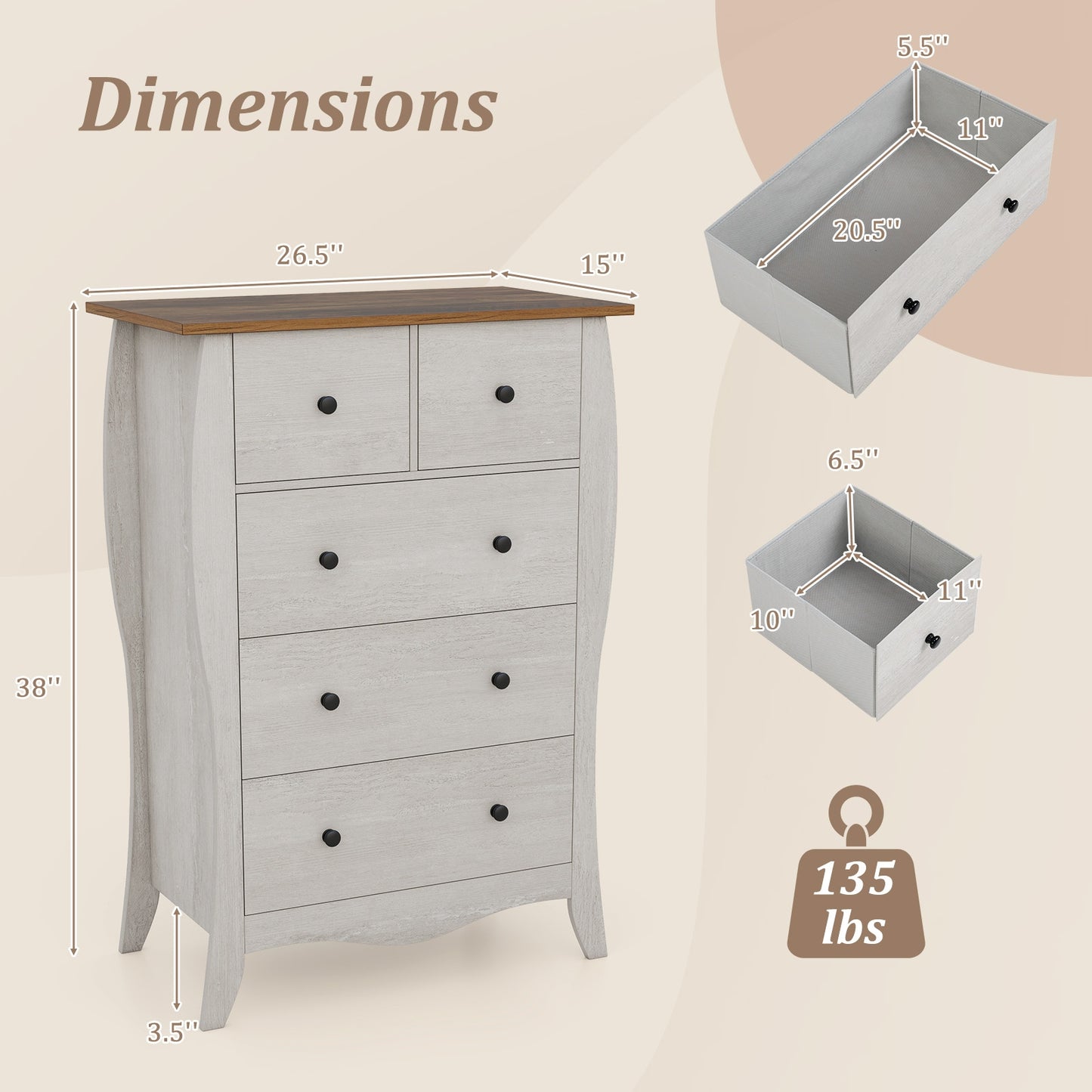 Wood Top Dresser with 5 Folding Fabric Drawers and Anti-Tip Safety Features – Grey