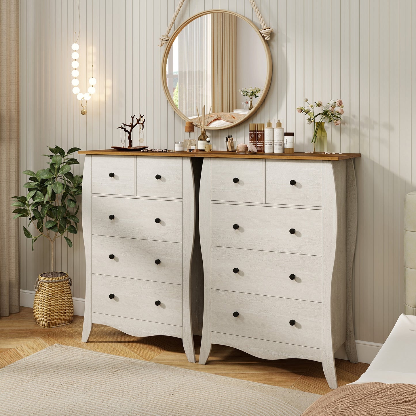 Wood Top Dresser with 5 Folding Fabric Drawers and Anti-Tip Safety Features – Grey
