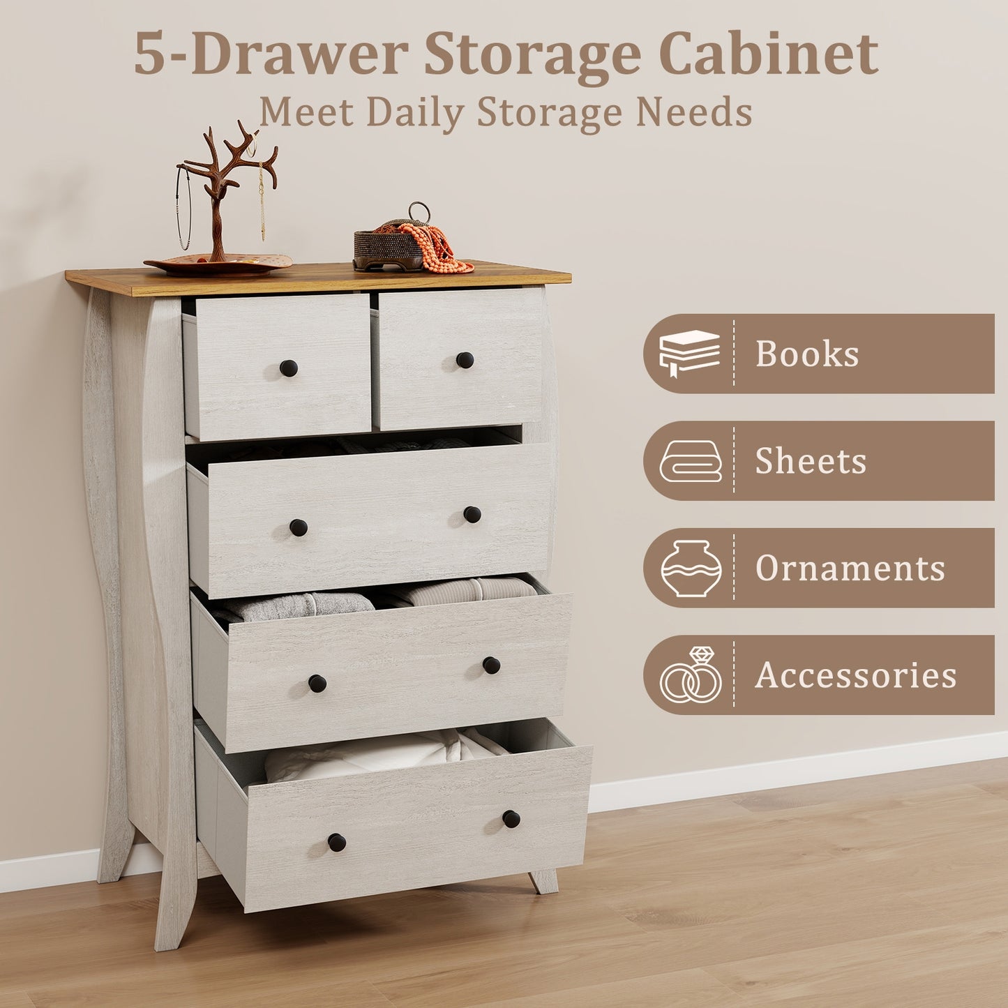 Wood Top Dresser with 5 Folding Fabric Drawers and Anti-Tip Safety Features – Grey
