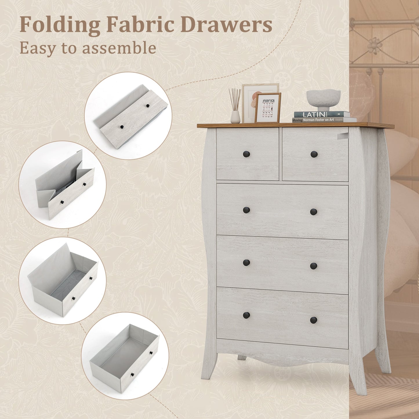 Wood Top Dresser with 5 Folding Fabric Drawers and Anti-Tip Safety Features – Grey