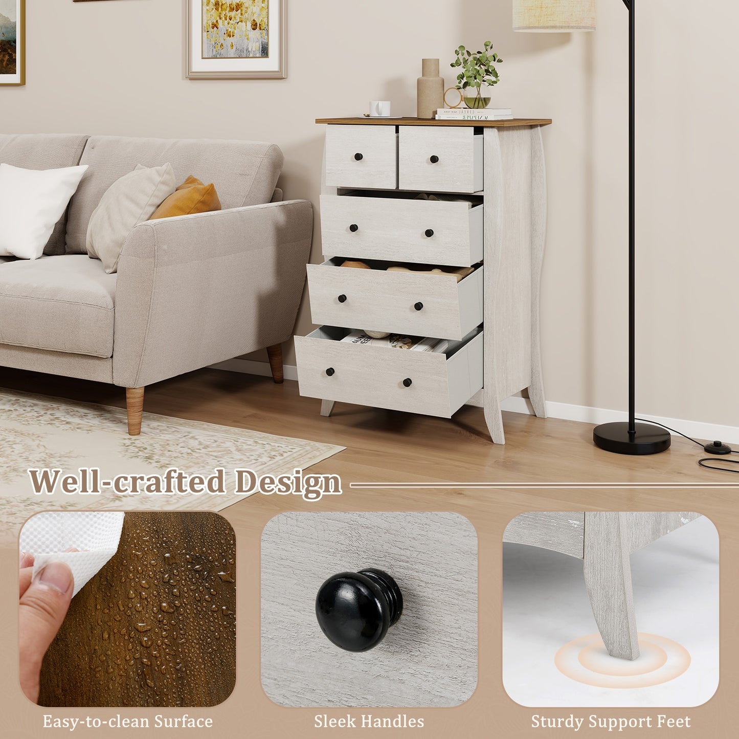Wood Top Dresser with 5 Folding Fabric Drawers and Anti-Tip Safety Features – Grey