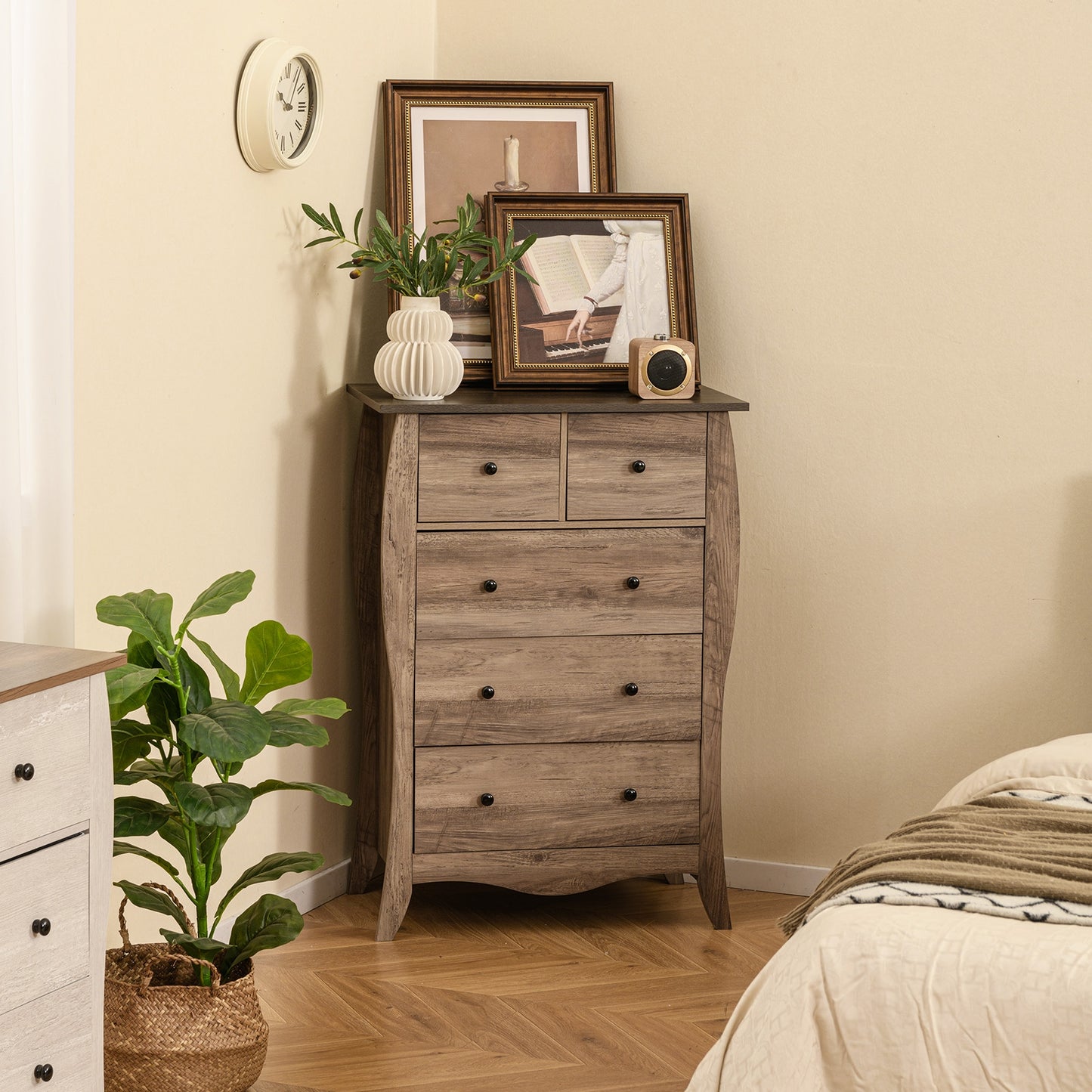Wood Top Dresser with 5 Folding Fabric Drawers and Anti-Tip Safety Features – Brown
