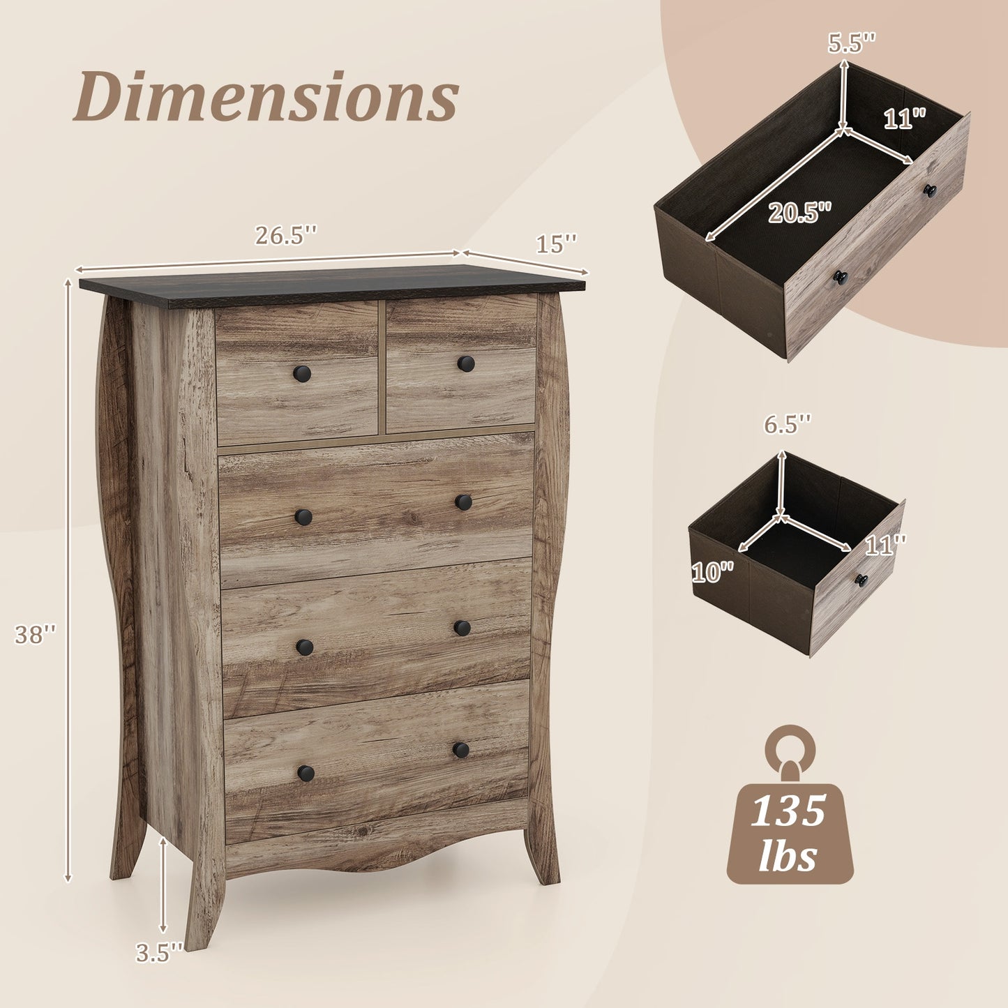 Wood Top Dresser with 5 Folding Fabric Drawers and Anti-Tip Safety Features – Brown