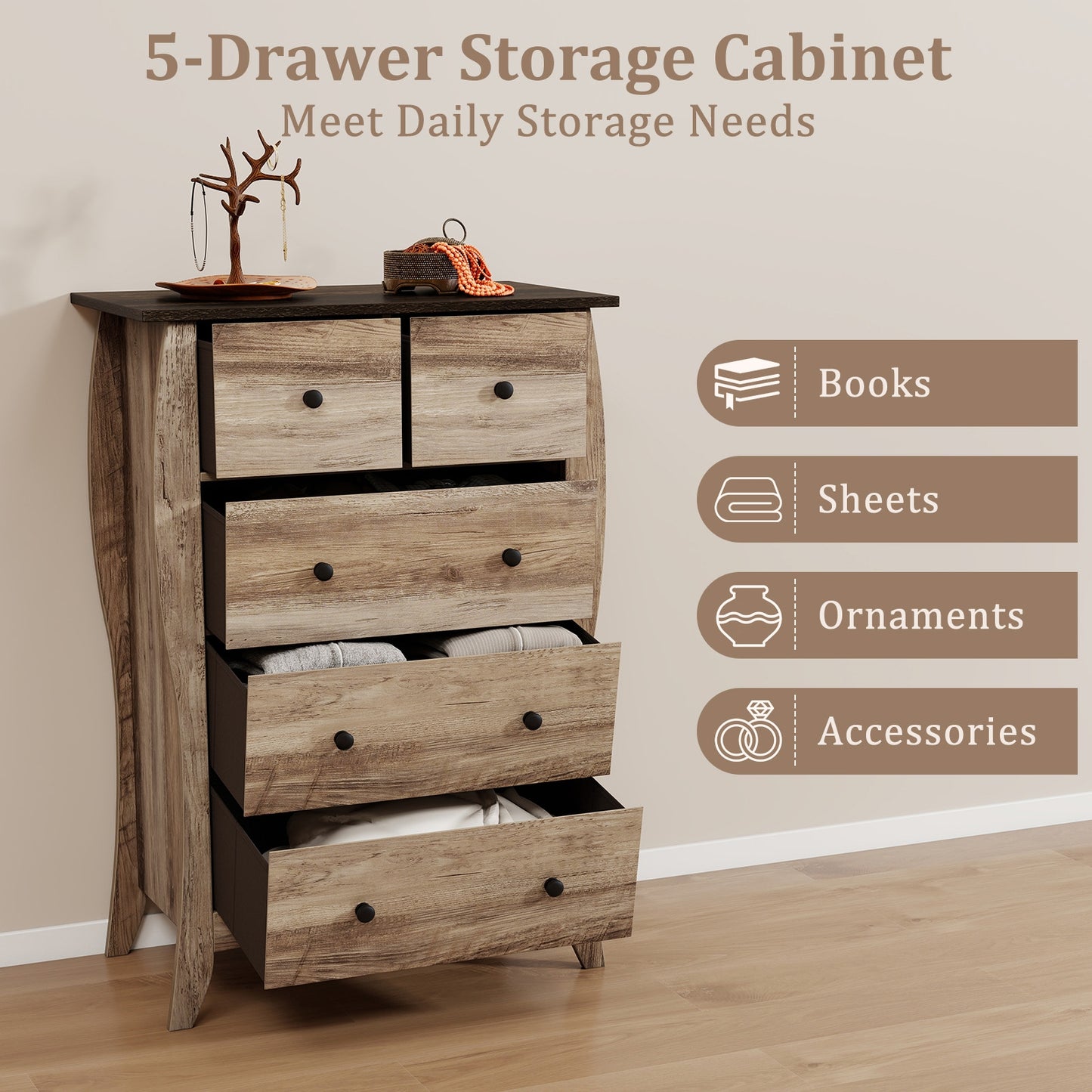 Wood Top Dresser with 5 Folding Fabric Drawers and Anti-Tip Safety Features – Brown