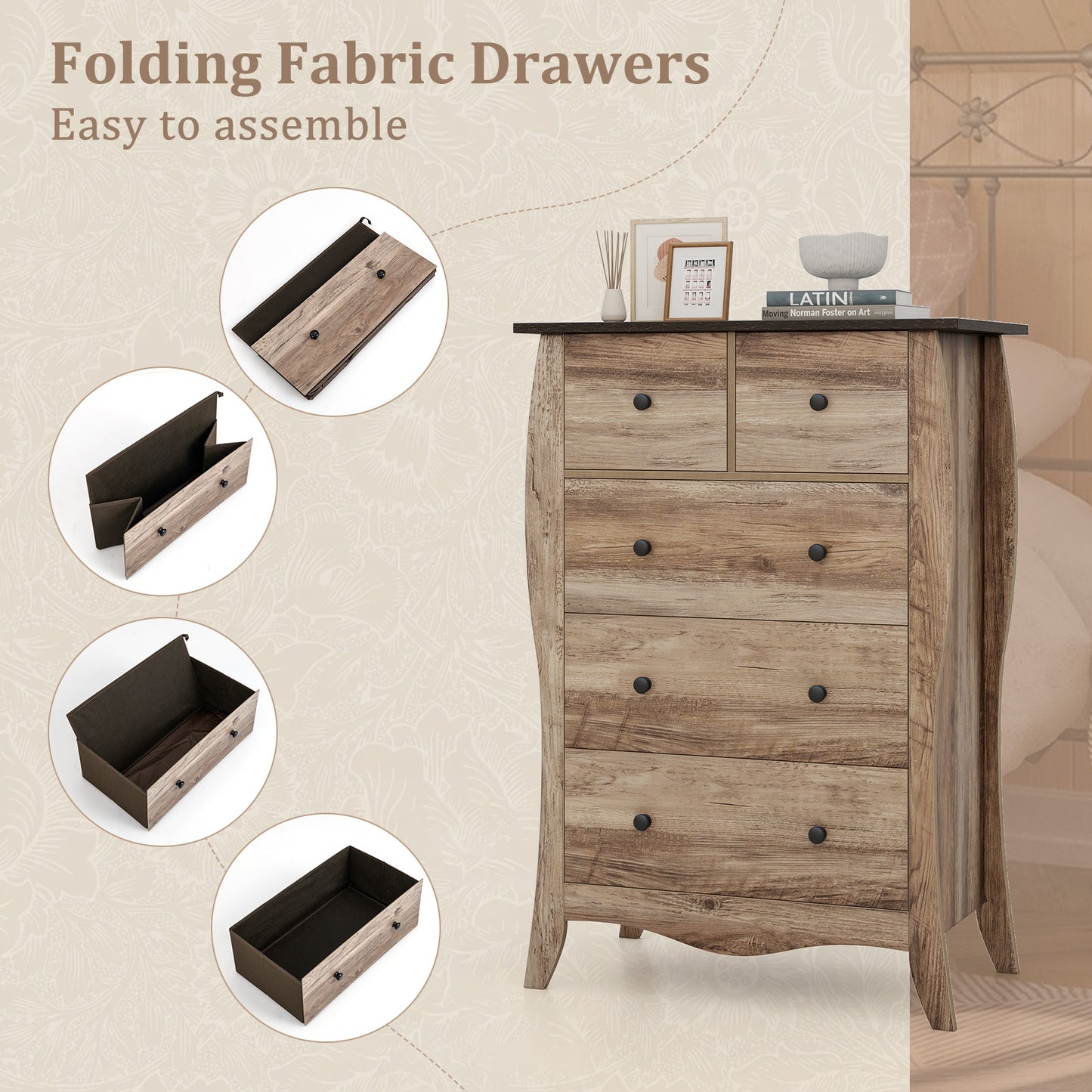 Wood Top Dresser with 5 Folding Fabric Drawers and Anti-Tip Safety Features – Brown