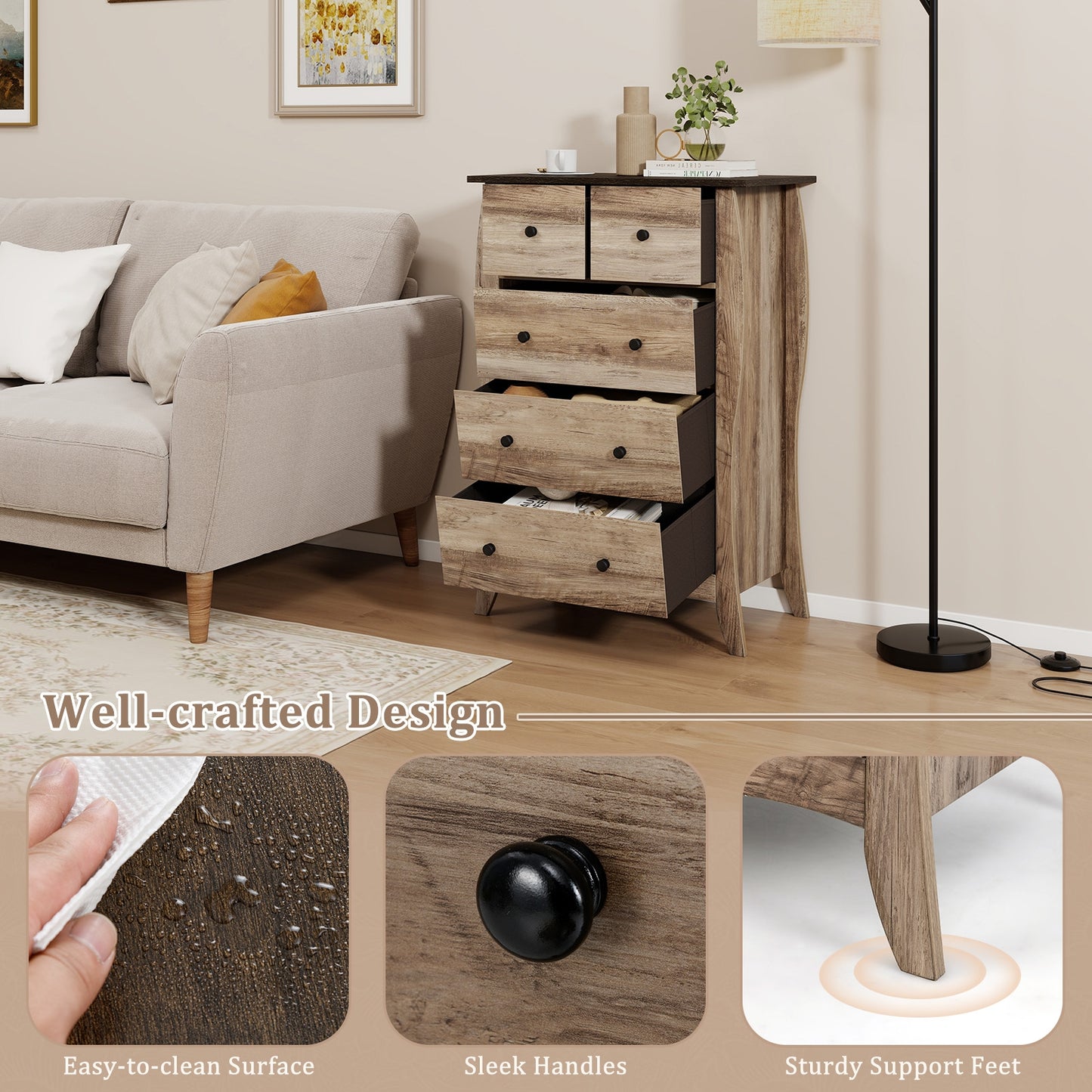 Wood Top Dresser with 5 Folding Fabric Drawers and Anti-Tip Safety Features – Brown
