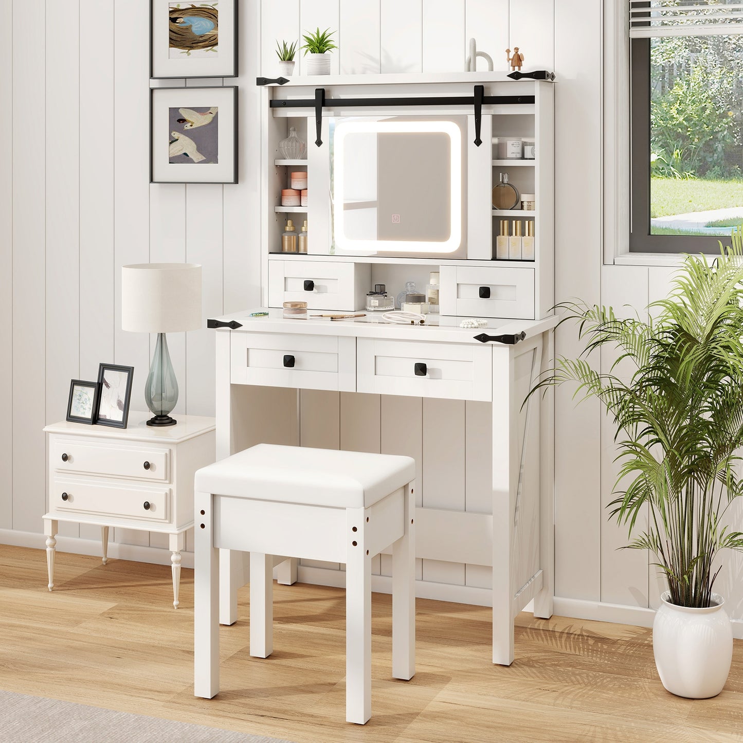 Modern Makeup Vanity with Sliding Mirror, LED Lights and Adjustable Storage Shelves