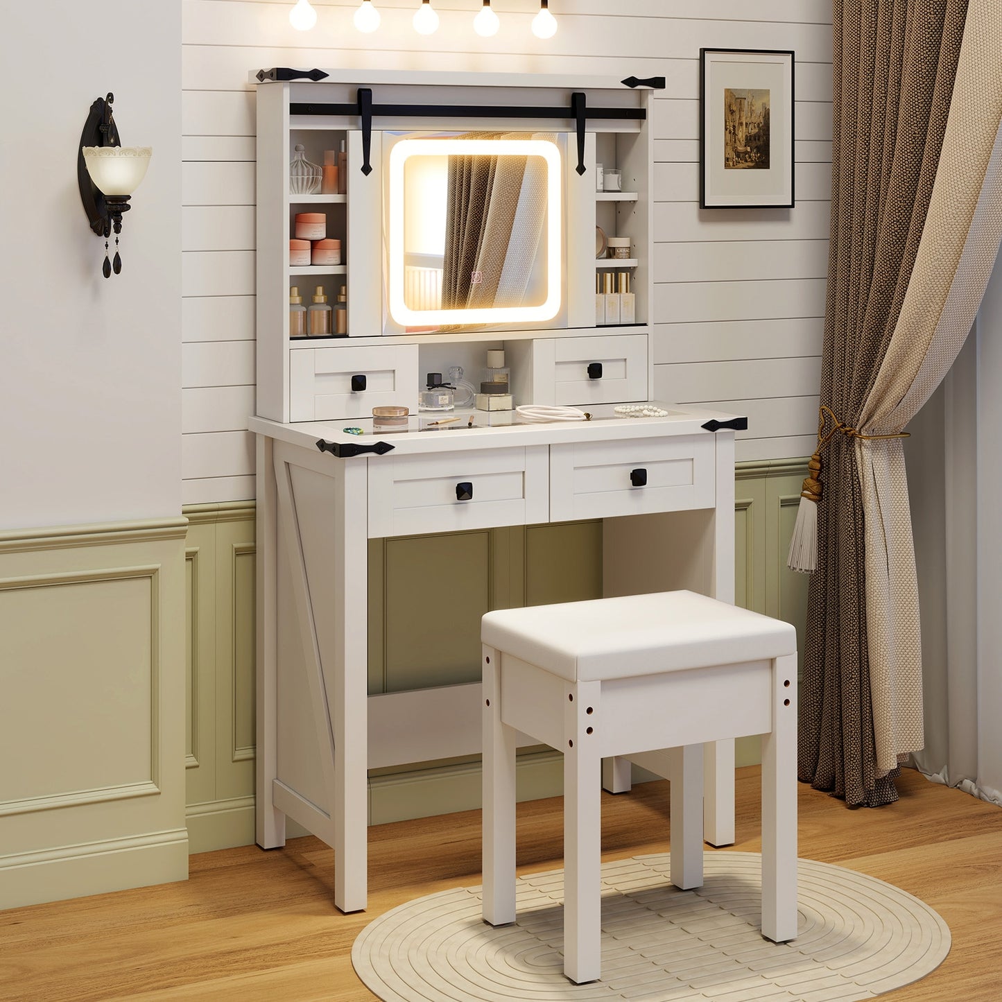 Modern Makeup Vanity with Sliding Mirror, LED Lights and Adjustable Storage Shelves