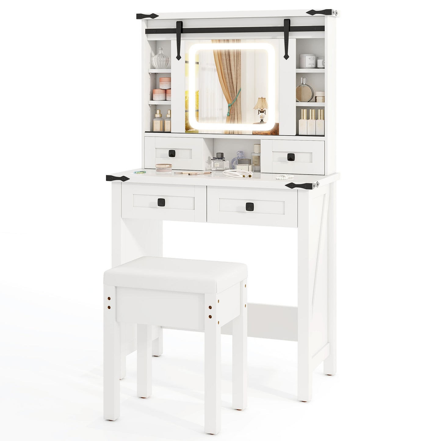 Modern Makeup Vanity with Sliding Mirror, LED Lights and Adjustable Storage Shelves