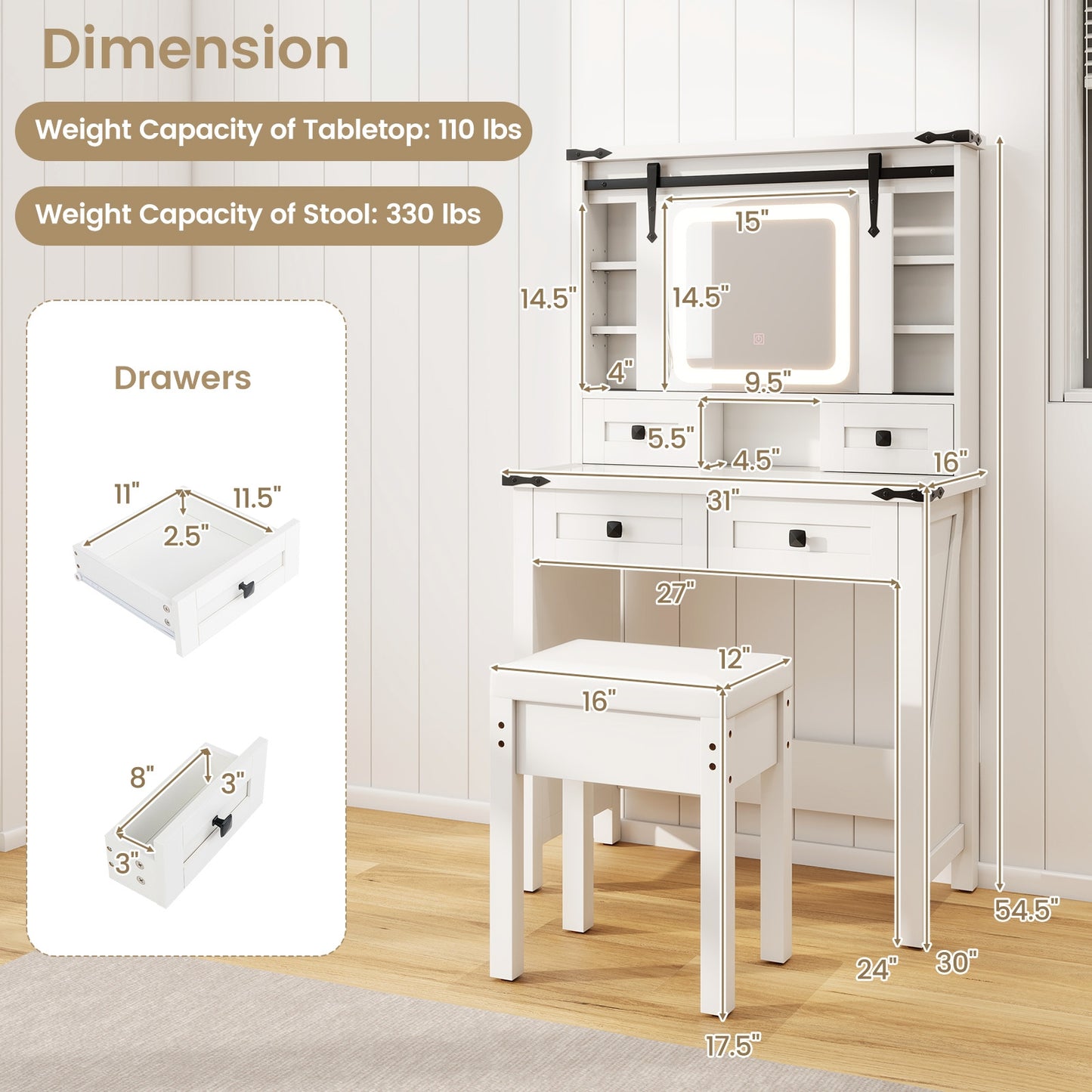 Modern Makeup Vanity with Sliding Mirror, LED Lights and Adjustable Storage Shelves