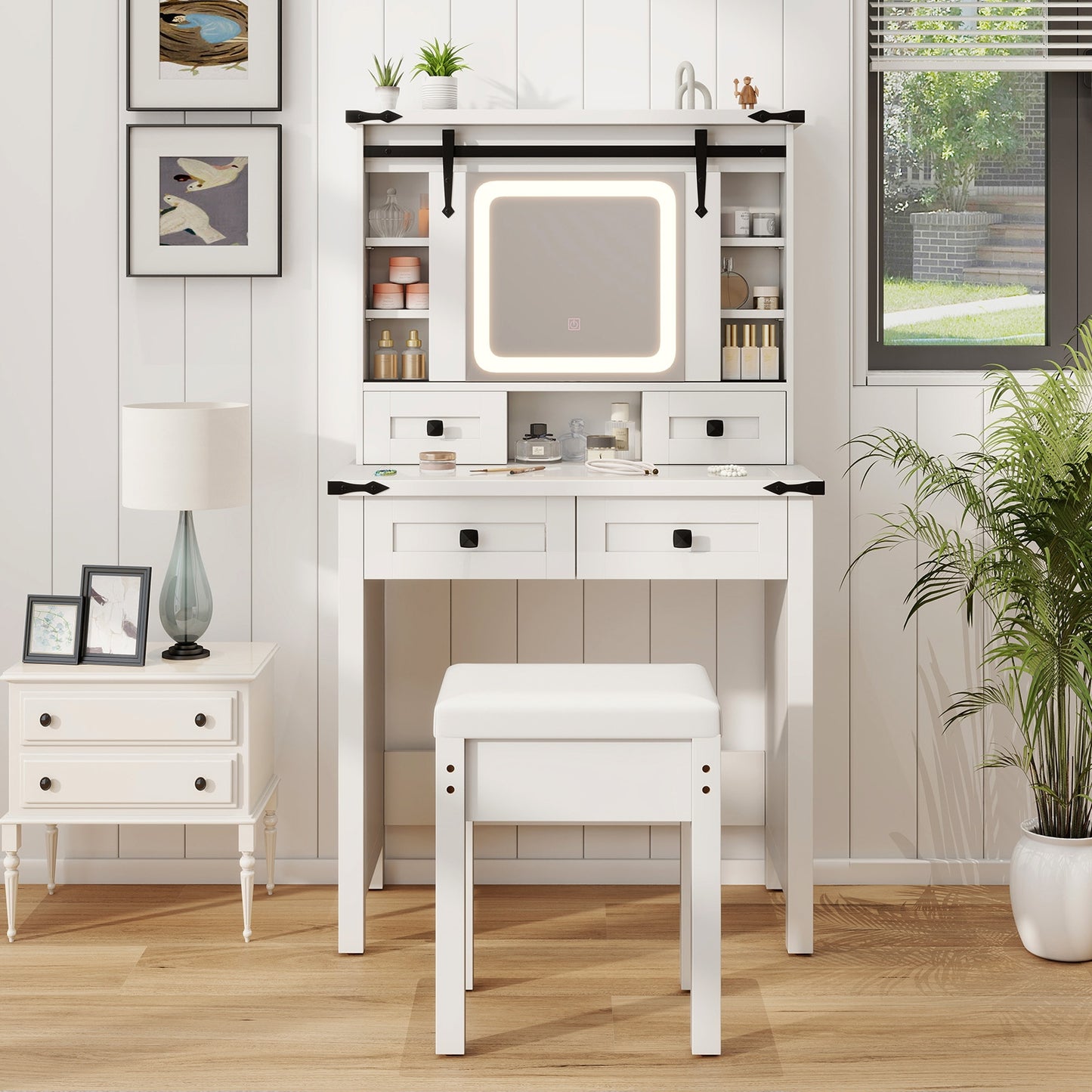 Modern Makeup Vanity with Sliding Mirror, LED Lights and Adjustable Storage Shelves