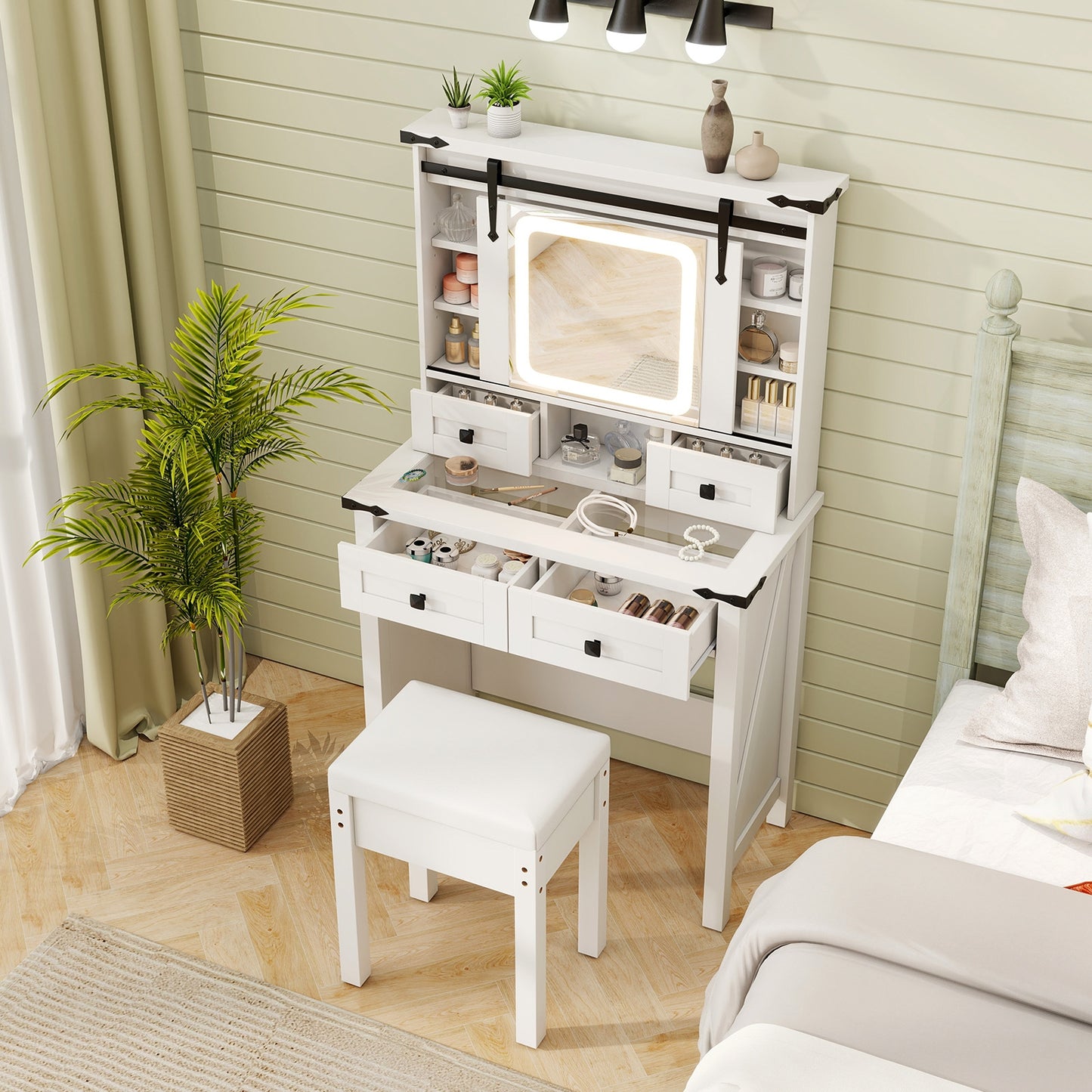 Modern Makeup Vanity with Sliding Mirror, LED Lights and Adjustable Storage Shelves