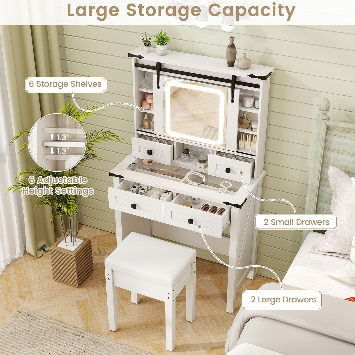 Modern Makeup Vanity with Sliding Mirror, LED Lights and Adjustable Storage Shelves