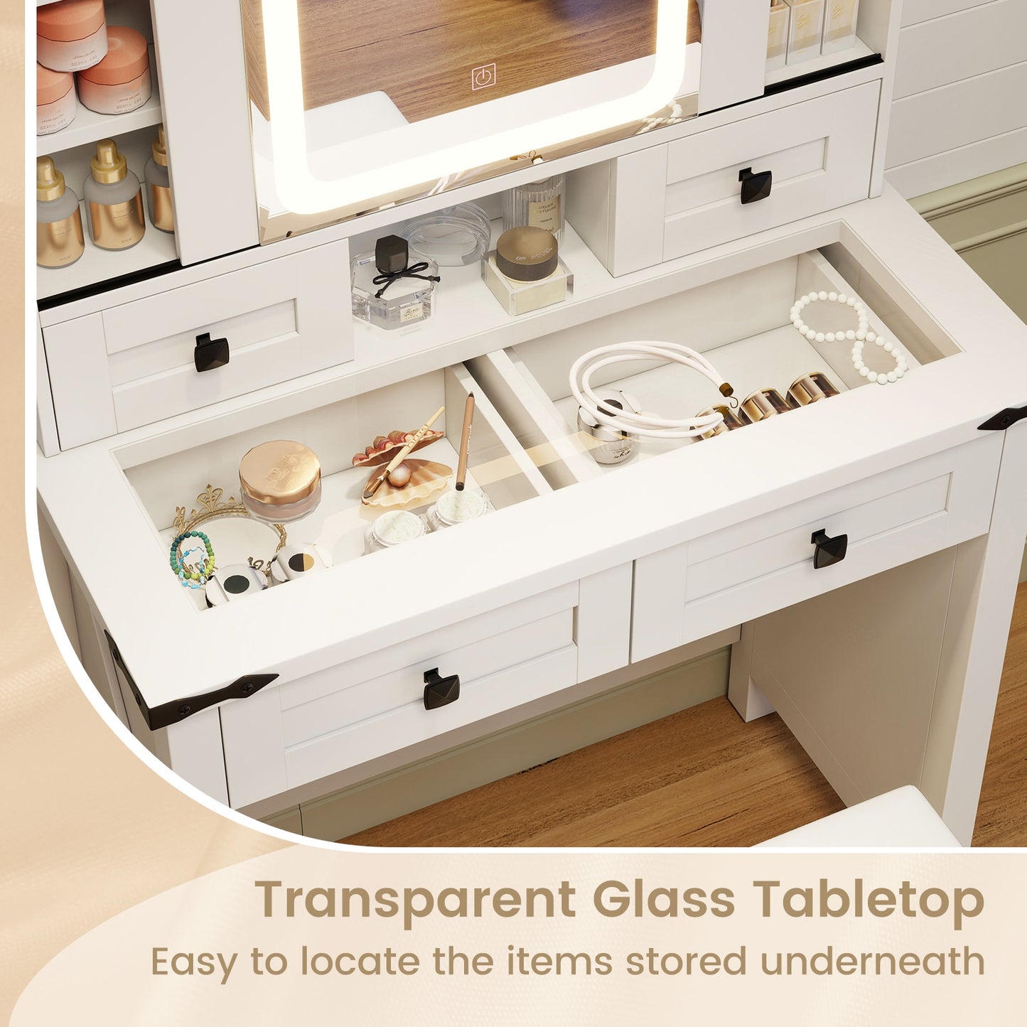 Modern Makeup Vanity with Sliding Mirror, LED Lights and Adjustable Storage Shelves