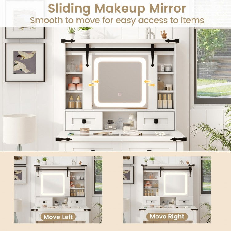 Modern Makeup Vanity with Sliding Mirror, LED Lights and Adjustable Storage Shelves