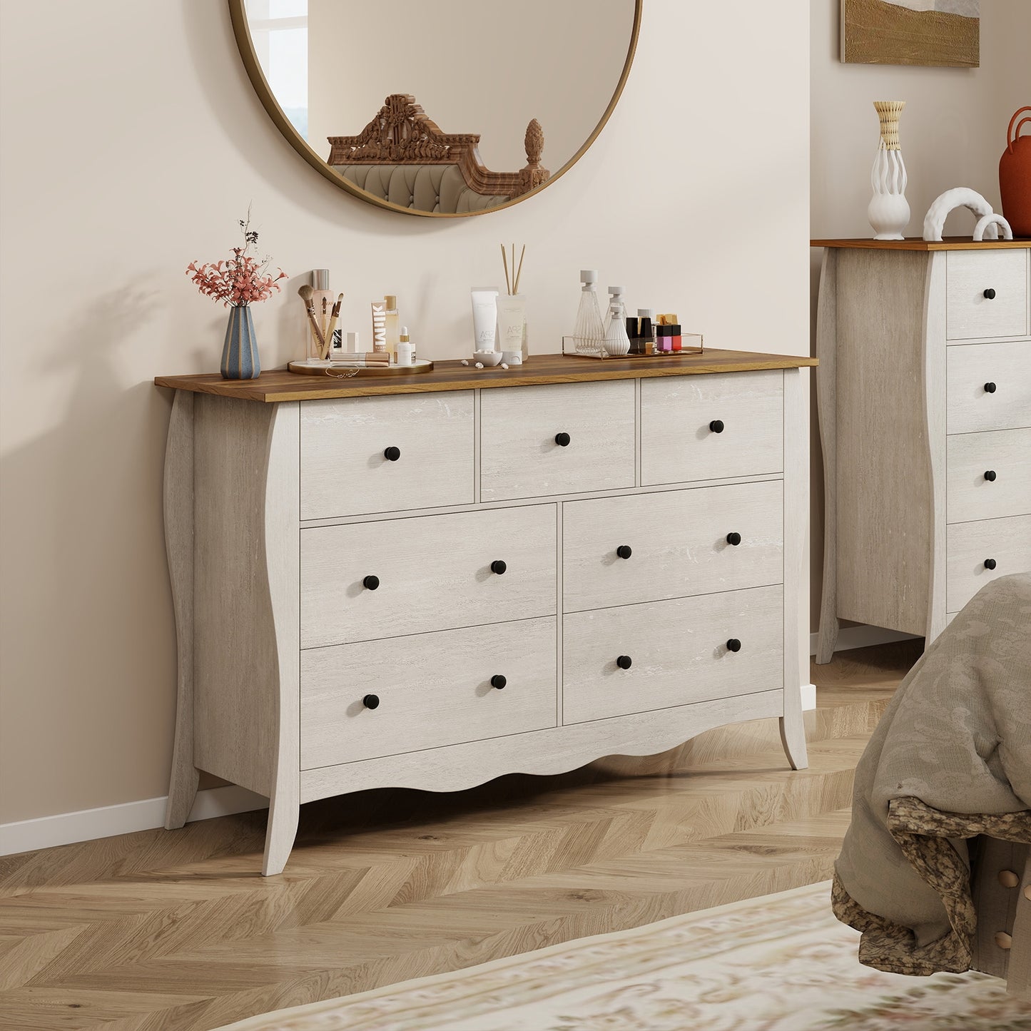 Wood Top Dresser with 7 Folding Fabric Drawers and Anti-Tip Safety Features – Grey