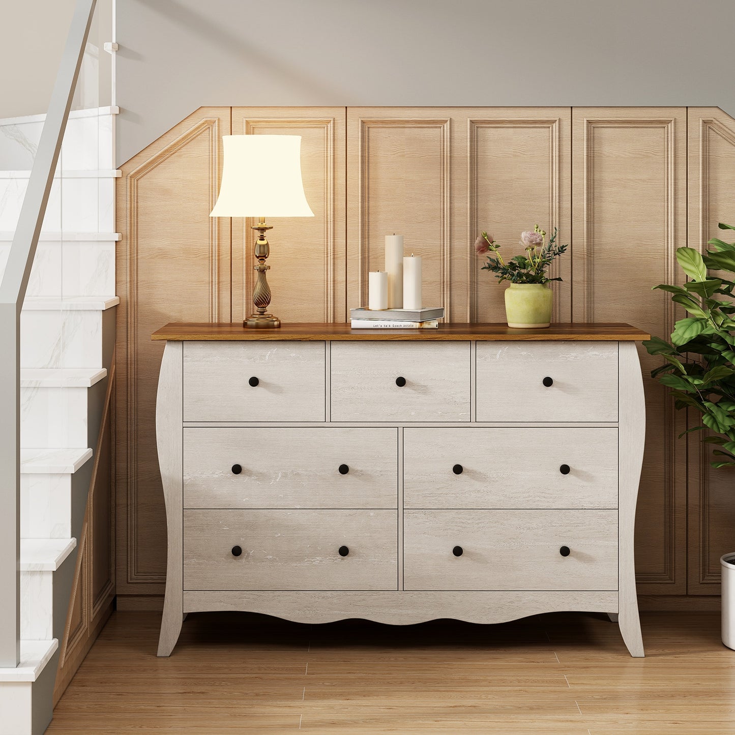 Wood Top Dresser with 7 Folding Fabric Drawers and Anti-Tip Safety Features – Grey