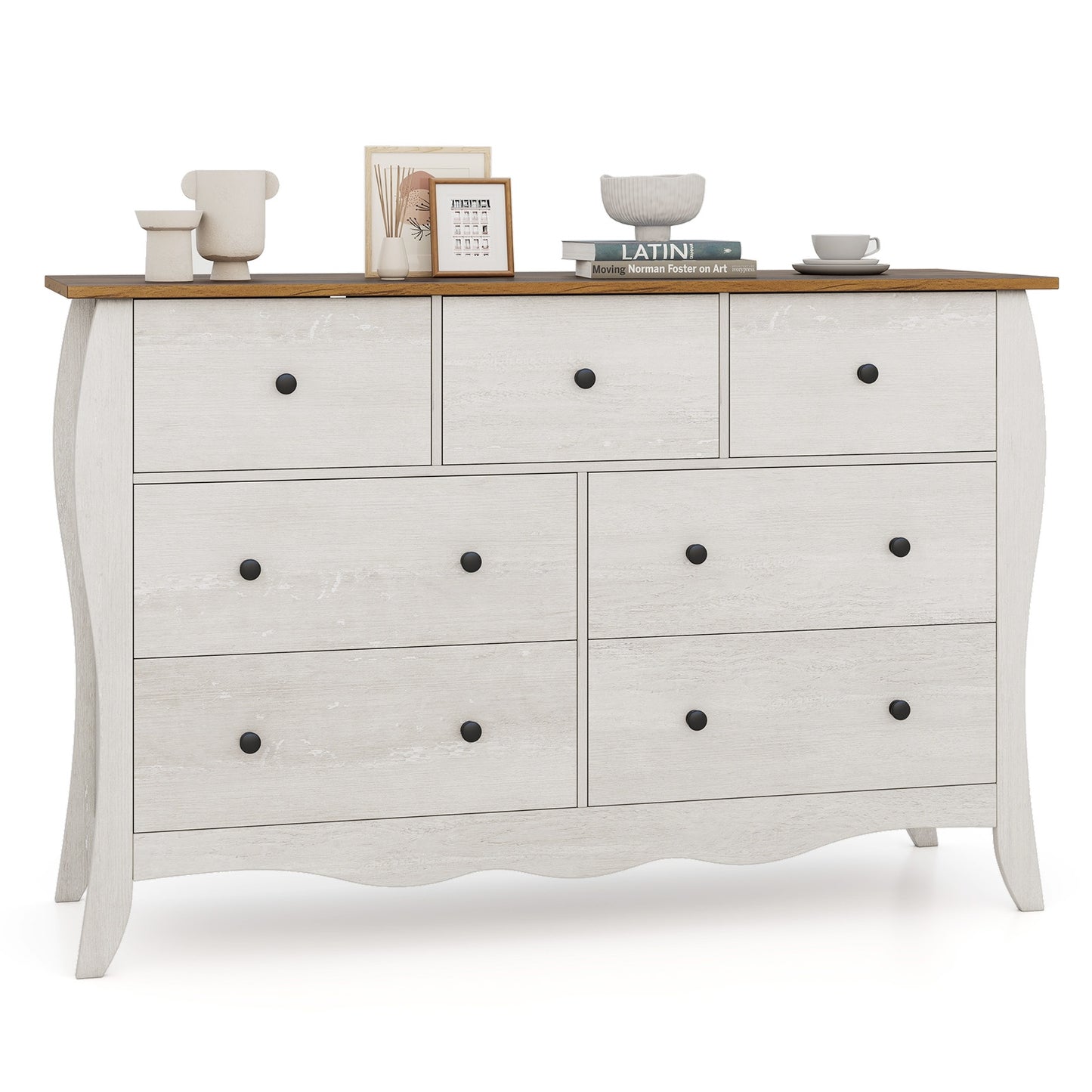 Wood Top Dresser with 7 Folding Fabric Drawers and Anti-Tip Safety Features – Grey