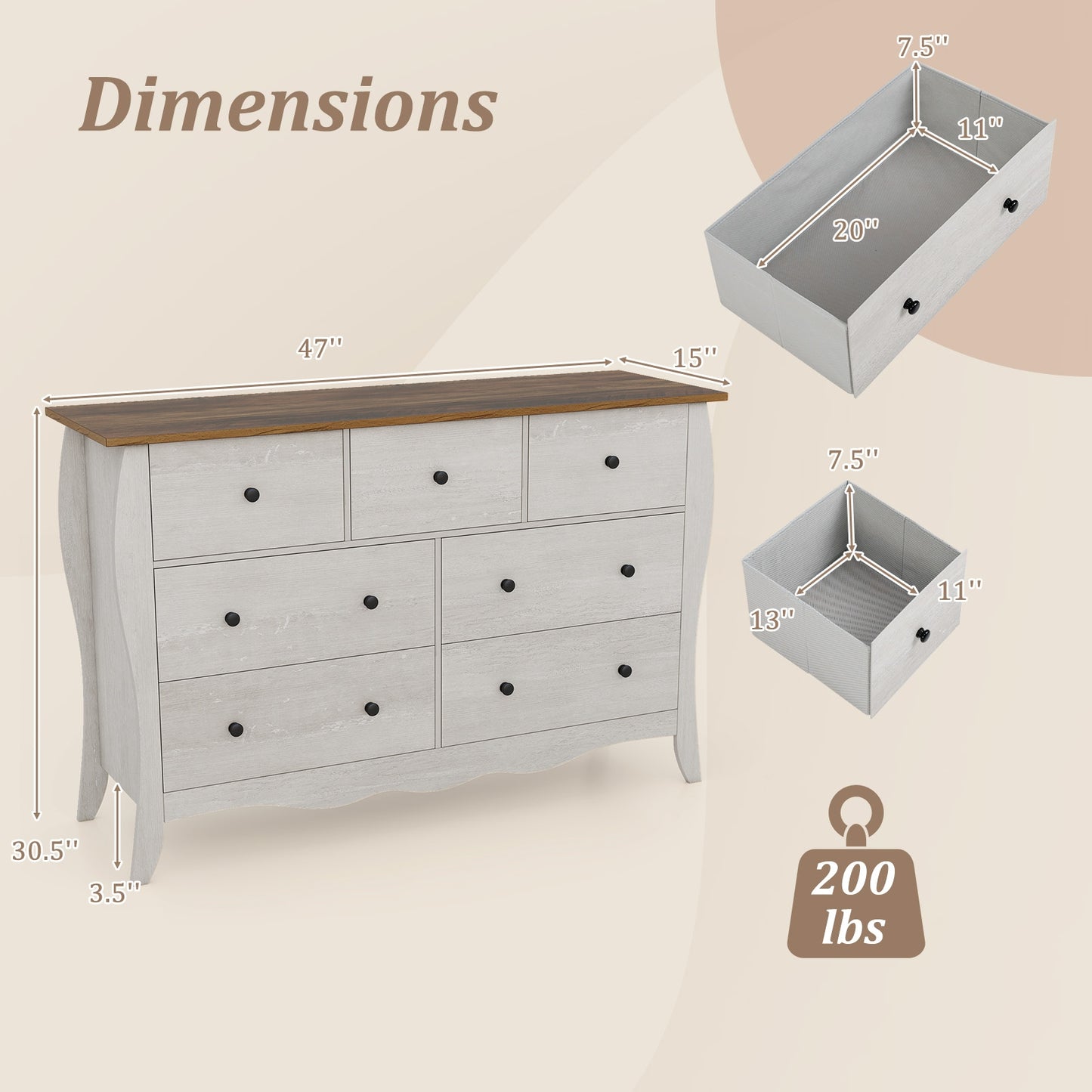 Wood Top Dresser with 7 Folding Fabric Drawers and Anti-Tip Safety Features – Grey