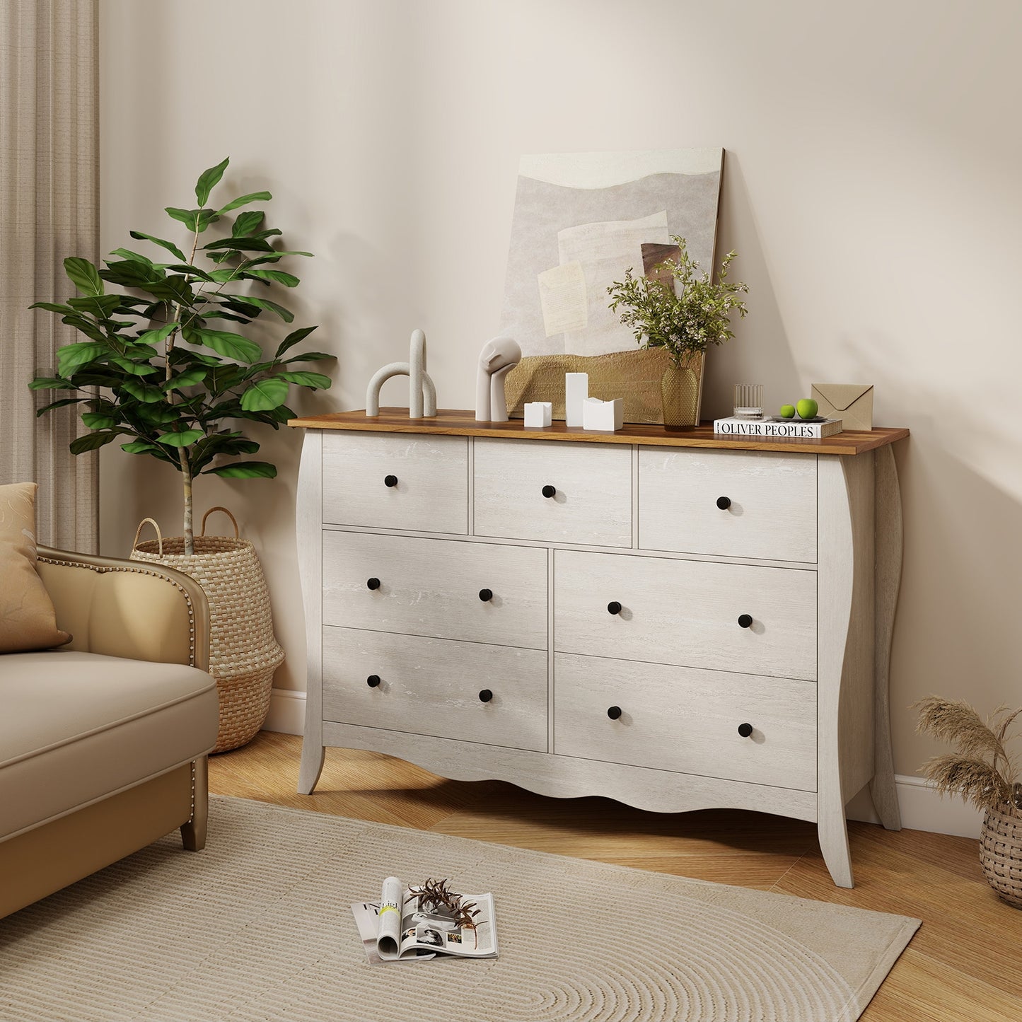 Wood Top Dresser with 7 Folding Fabric Drawers and Anti-Tip Safety Features – Grey